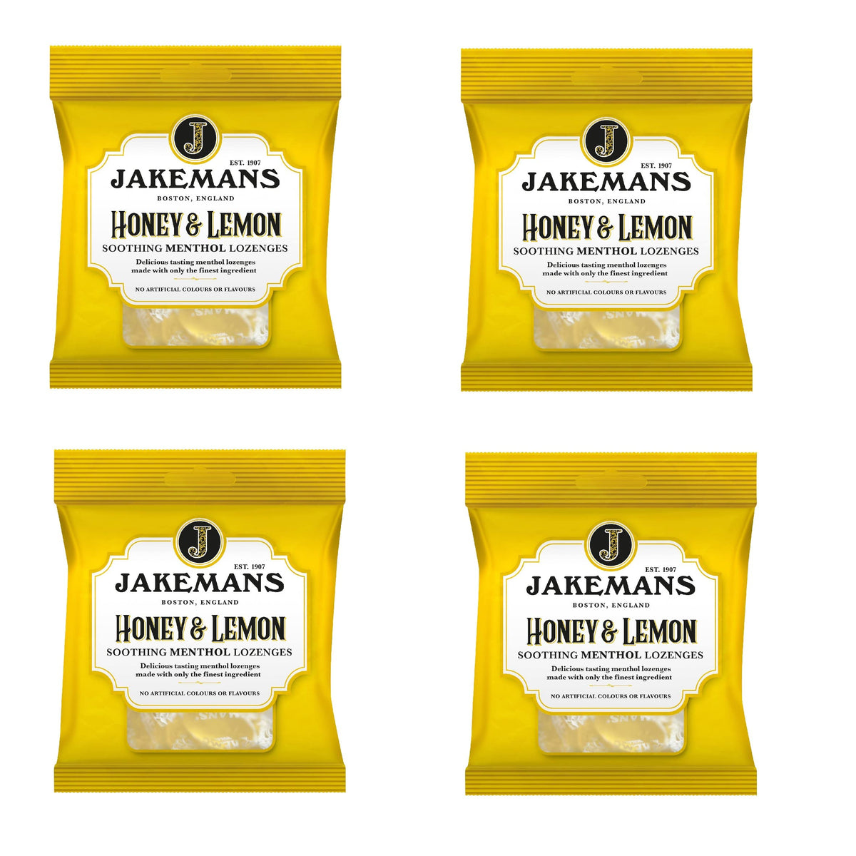 Pastilles Jakeman's miel-citron-menthol, face du paquet, douceur apaisante pour la gorge