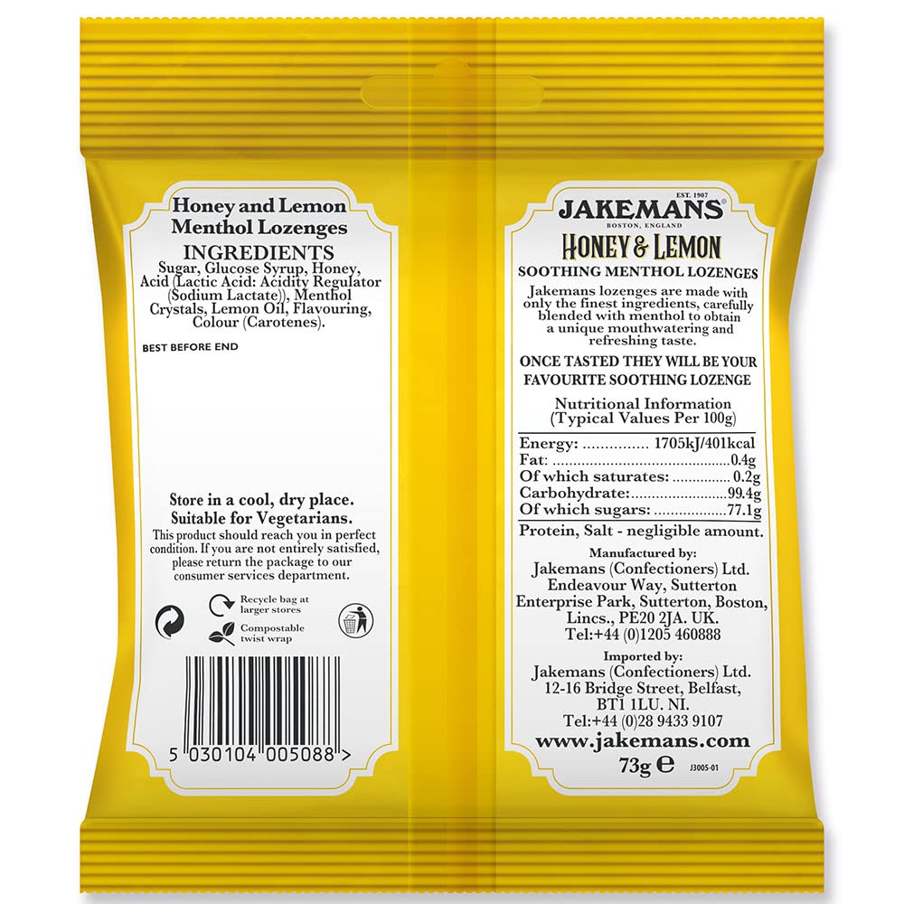 Pastilles Jakeman's miel-citron-menthol, gauche du paquet, texture fond lentement en bouche