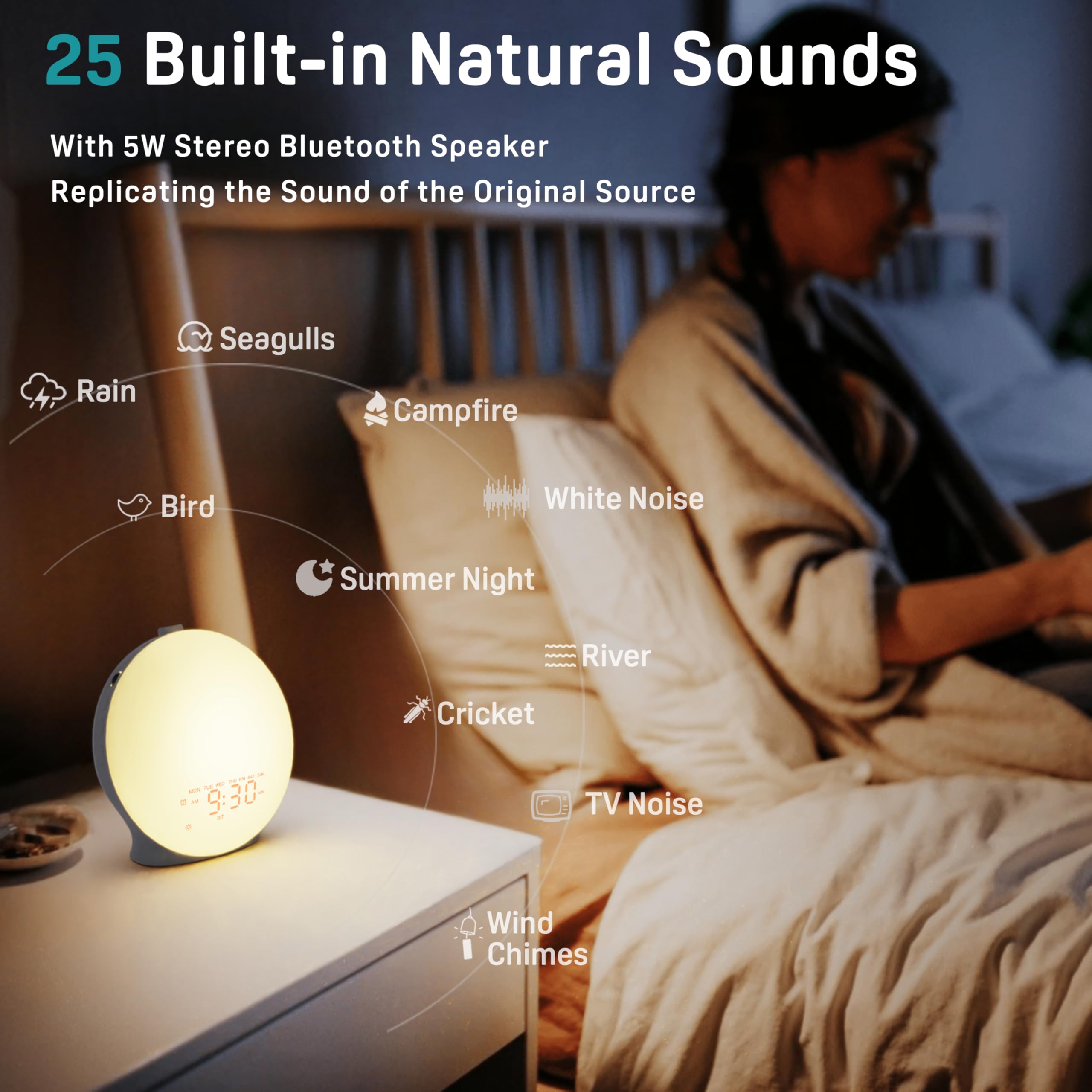 Haut-parleur HiFi 5W et 25 sons apaisants intégrés pour une ambiance calmante.