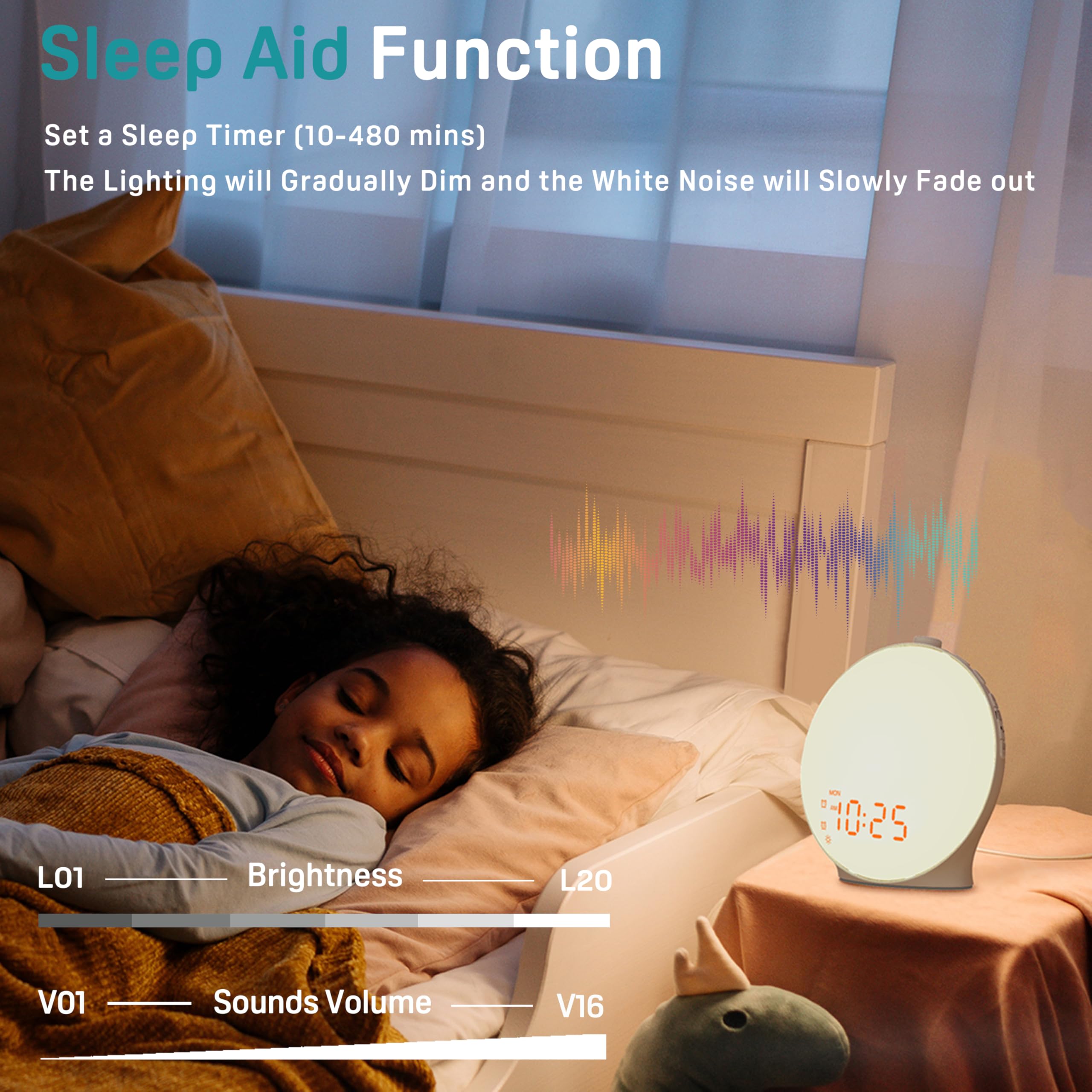 17 modes lumineux pour personnaliser l’ambiance de la chambre.
