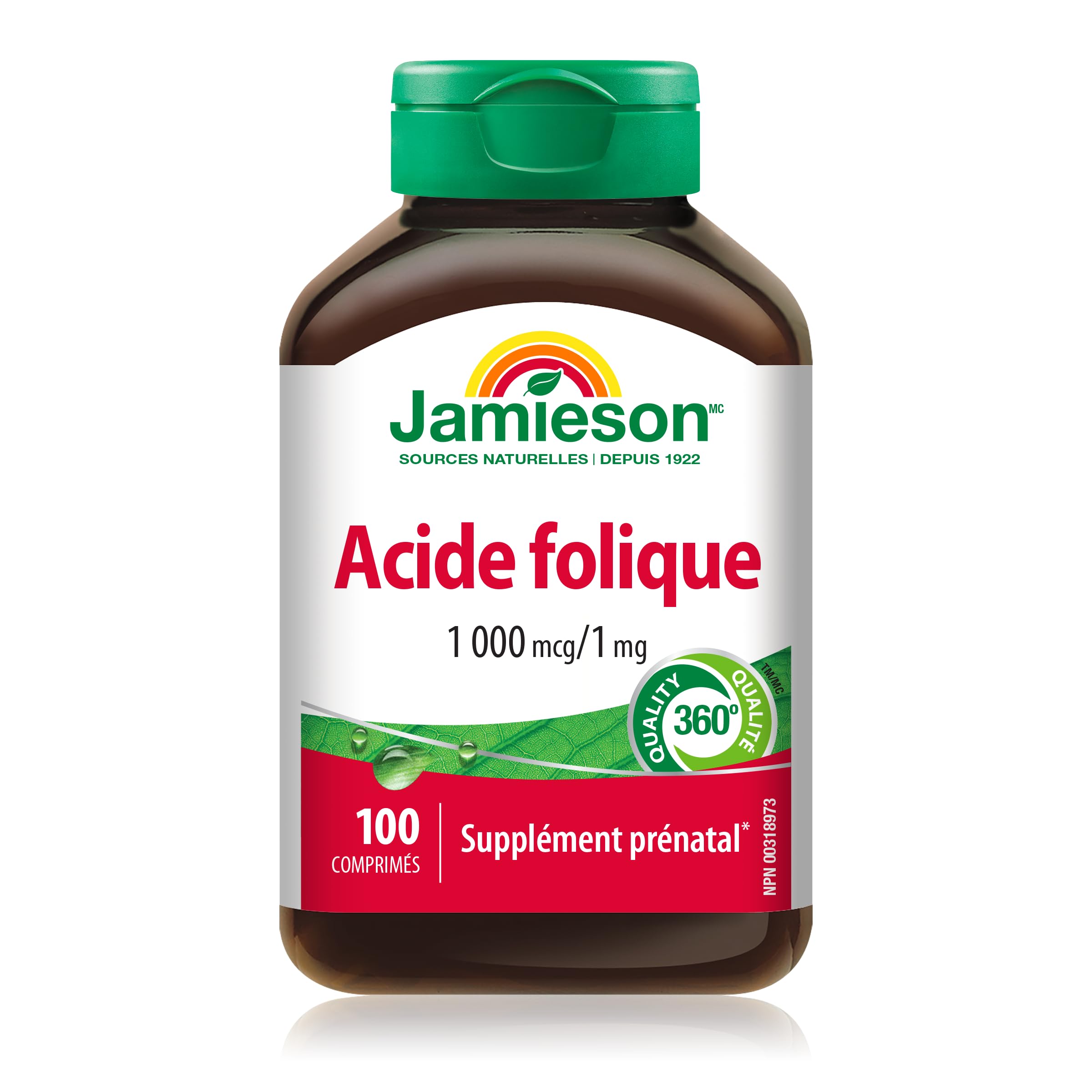 Étiquette Jamieson Acide Folique, description claire et sans allergènes.