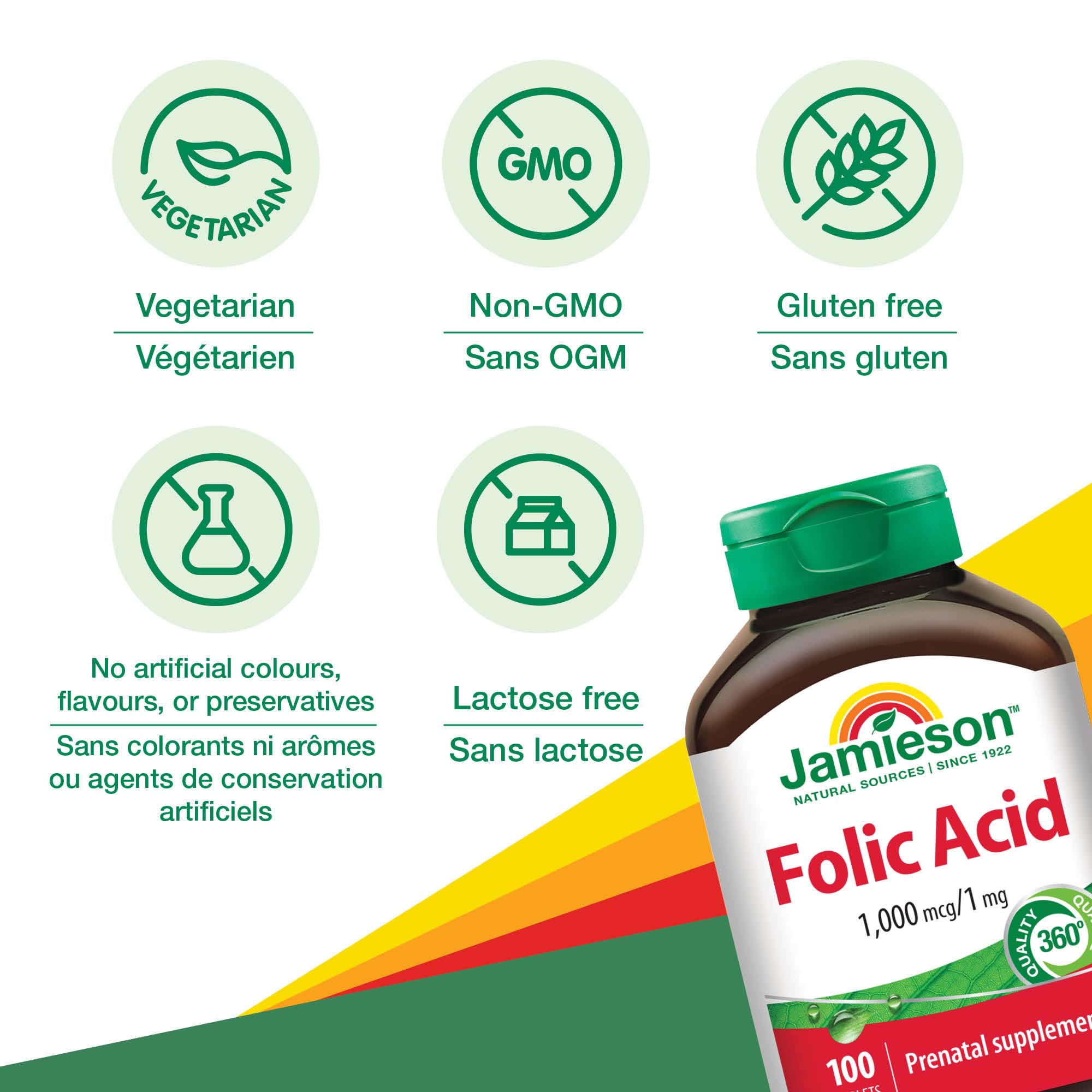 Ingrédients Jamieson Acide Folique, sans gluten ni lactose.