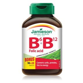 Bouteille Jamieson B6+B12 et acide folique, soutien potentiel au métabolisme d'énergie.