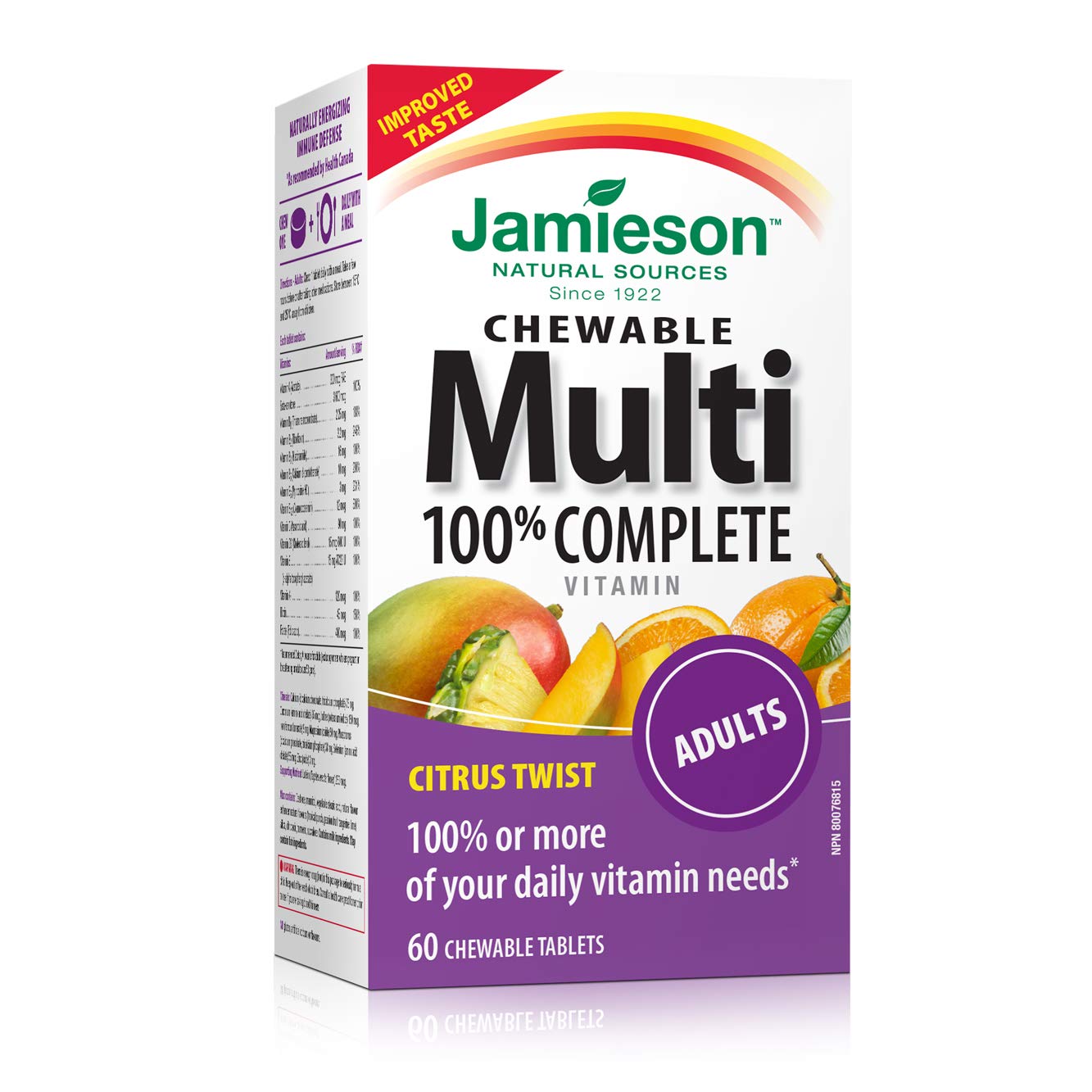 Jamieson multivitamines complets Citrus Twist boîte, soutien énergie quotidienne et bien-être.
