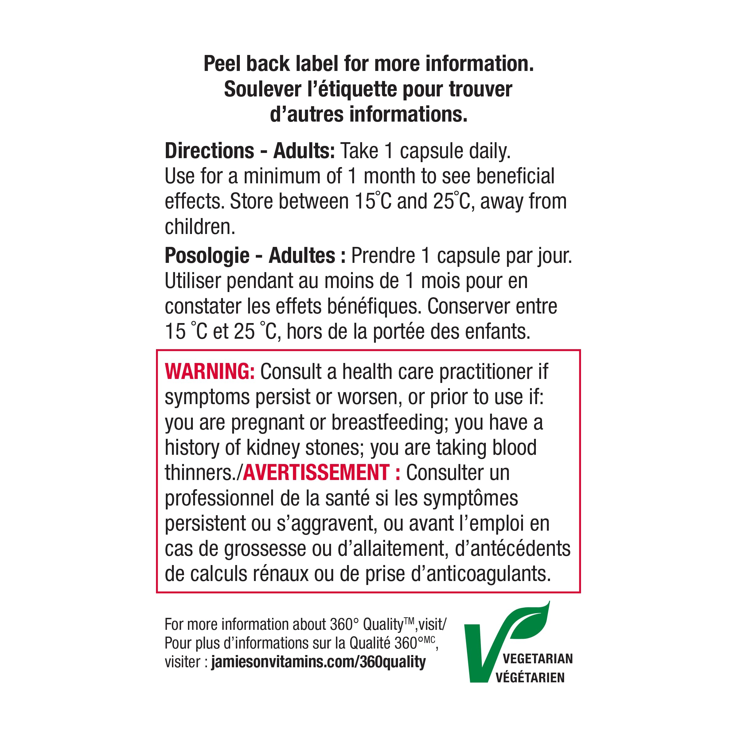 Tableau nutrition Jamieson Cranberry Complex – composition simple et transparente.
