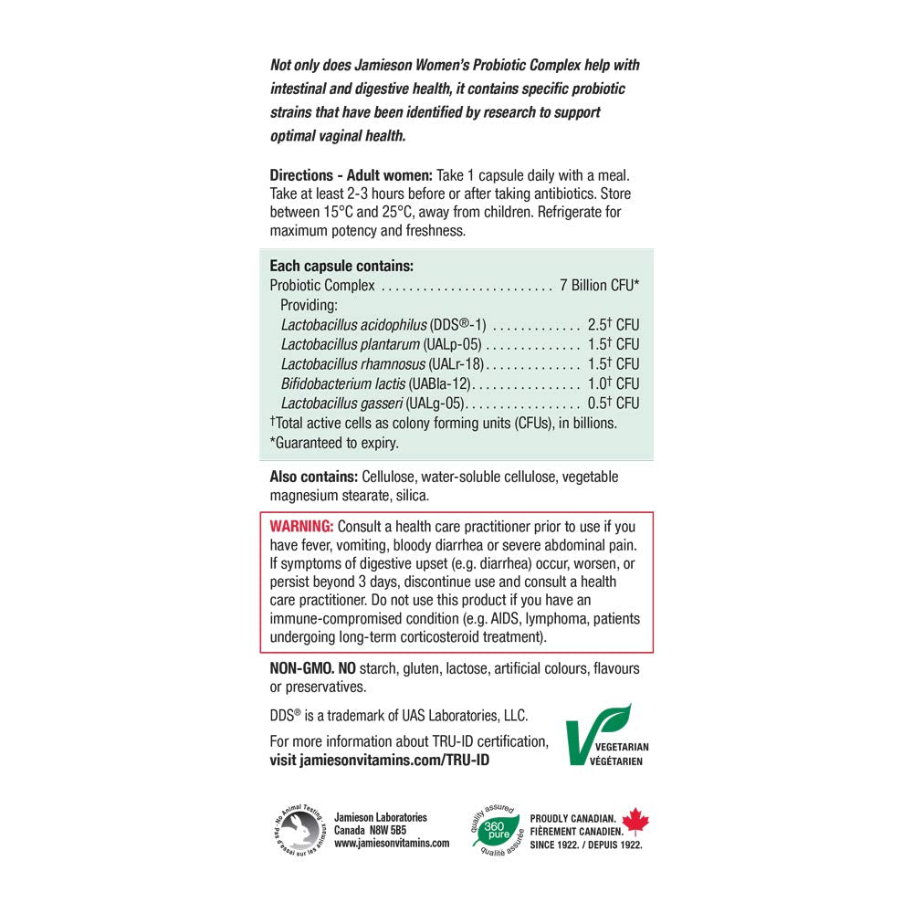 Jamieson Probiotiques Complexe pour Femmes – emballage pratique et dosage quotidien.