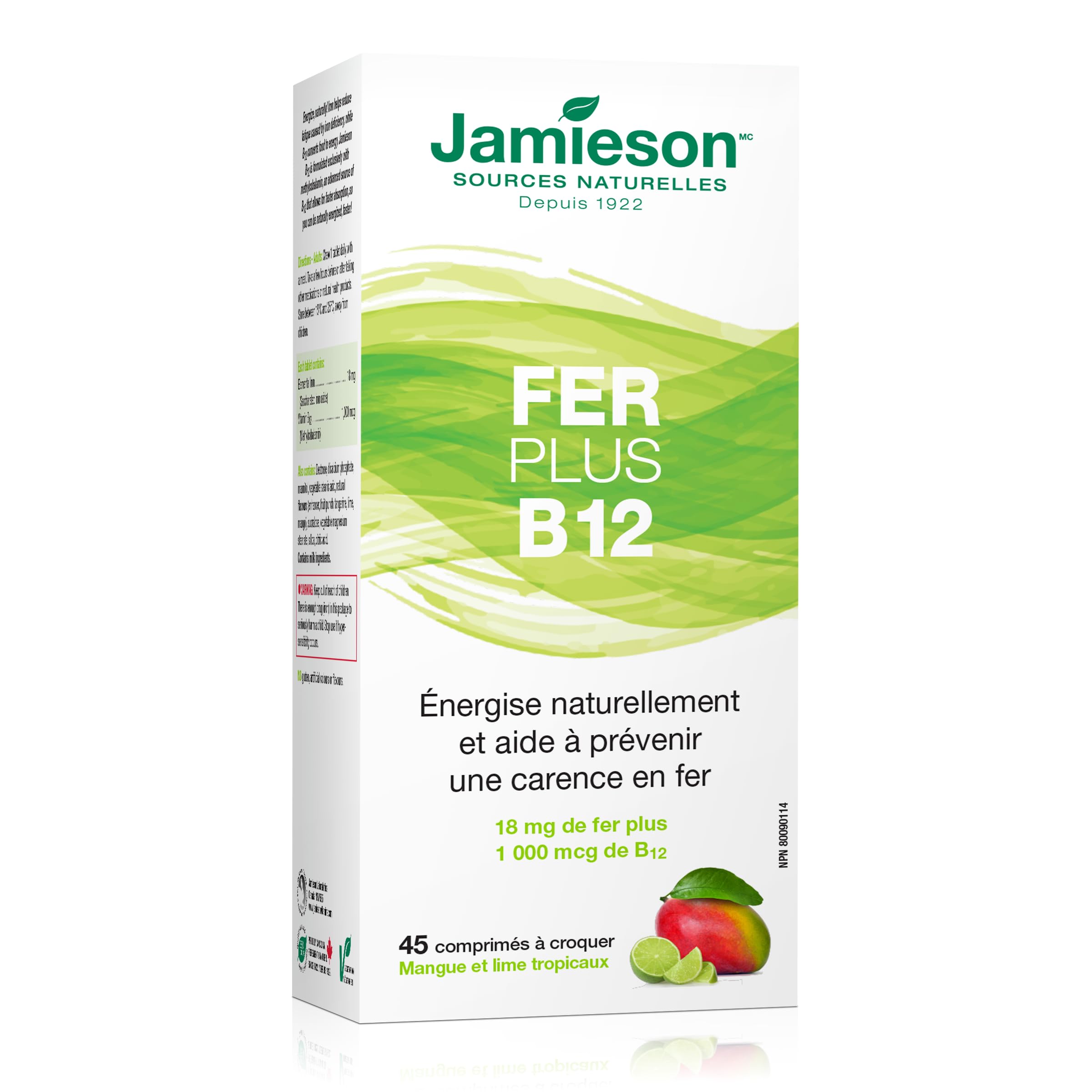 Bouteille pratique Jamieson Iron B12 de 45 comprimés pour une prise quotidienne.
