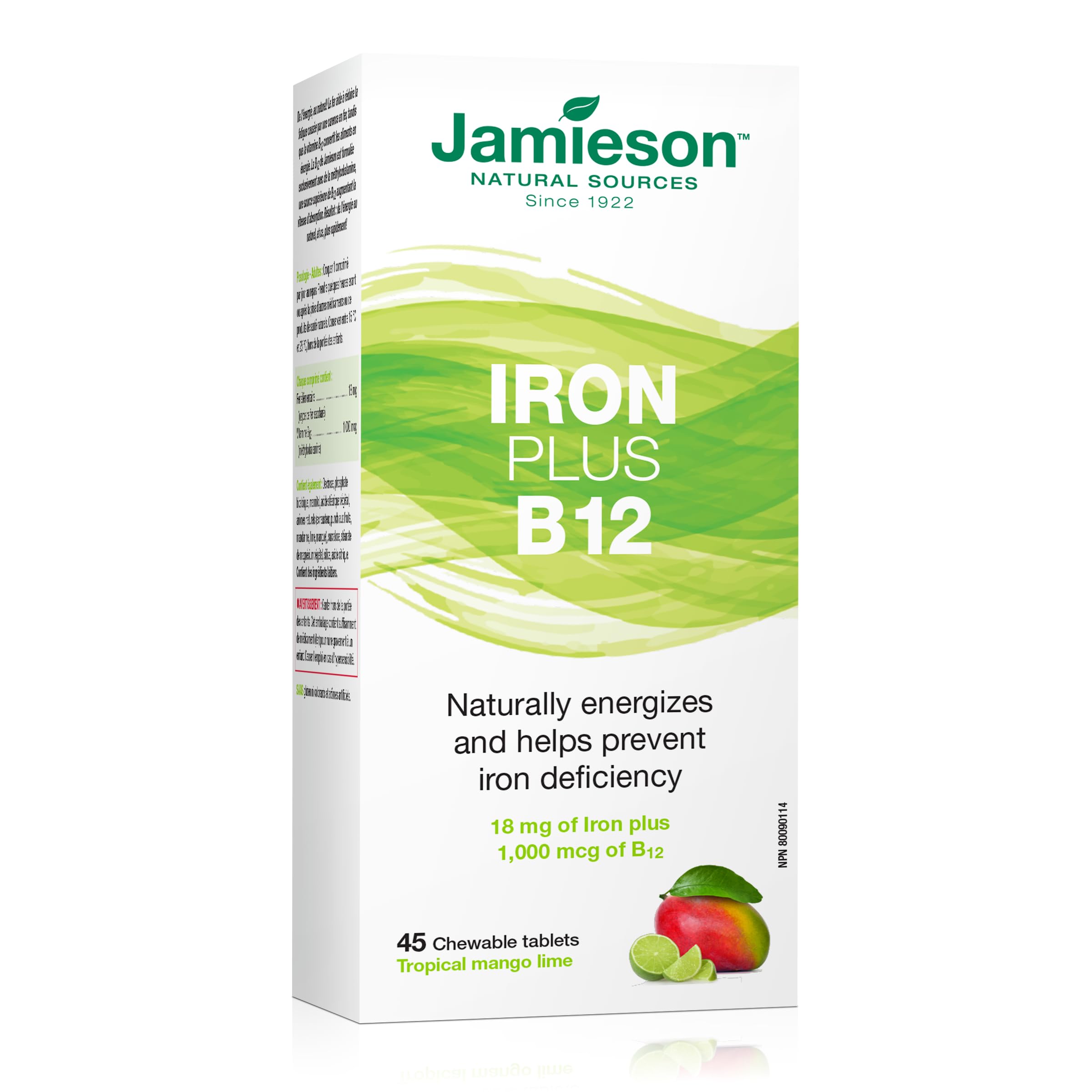 Comprimés Jamieson Iron B12 saveur mangue citron vert, énergie naturelle potentielle après les repas.