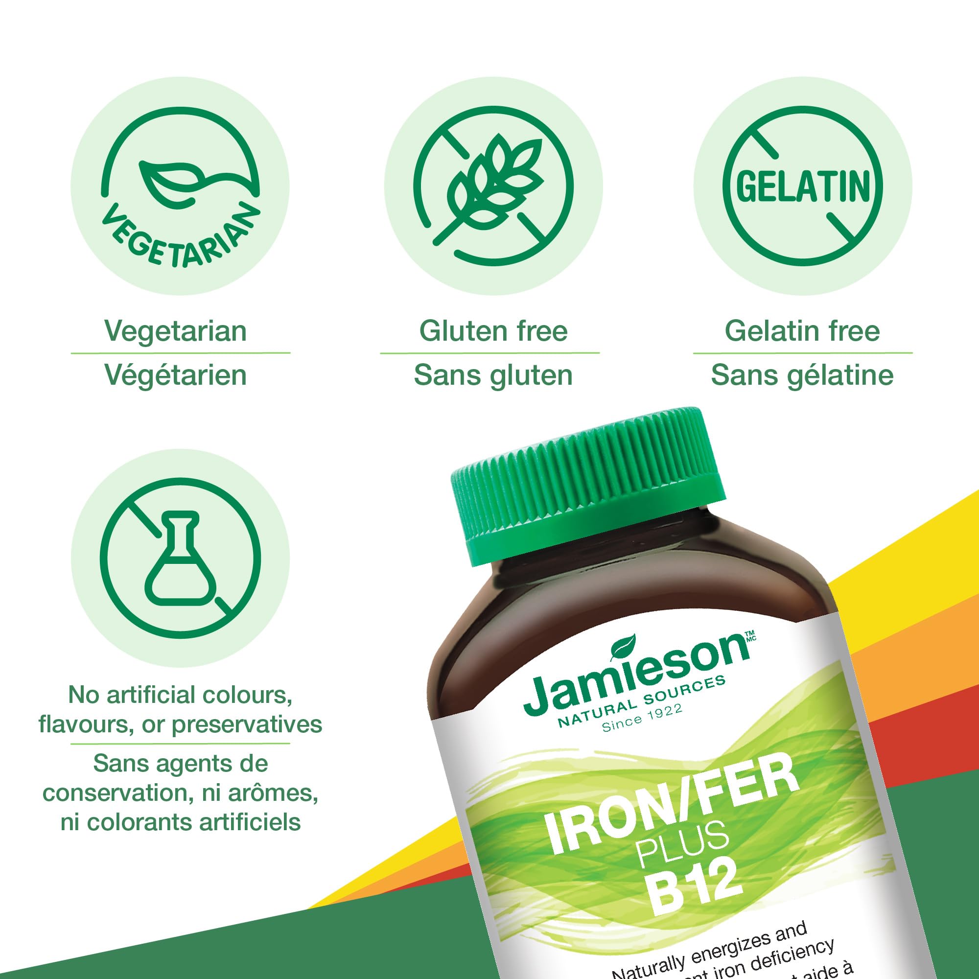 Étiquette nutritionnelle claire Jamieson Iron B12, informations utiles.