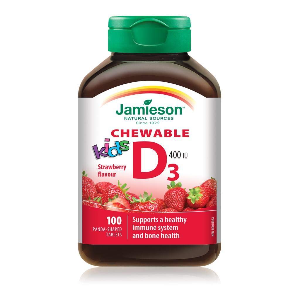 Jamieson vitamine D pour enfants en comprimé à mâcher au goût fraise, soutien des os et des dents.