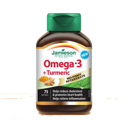 Jamieson Laboratoires Omega-3 + Curcuma, bouteille et emballage, huile de poisson purifiée avec parfum citron.