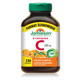 Bouteille Jamieson vitamine-C 500 mg gommes orange sur le comptoir.