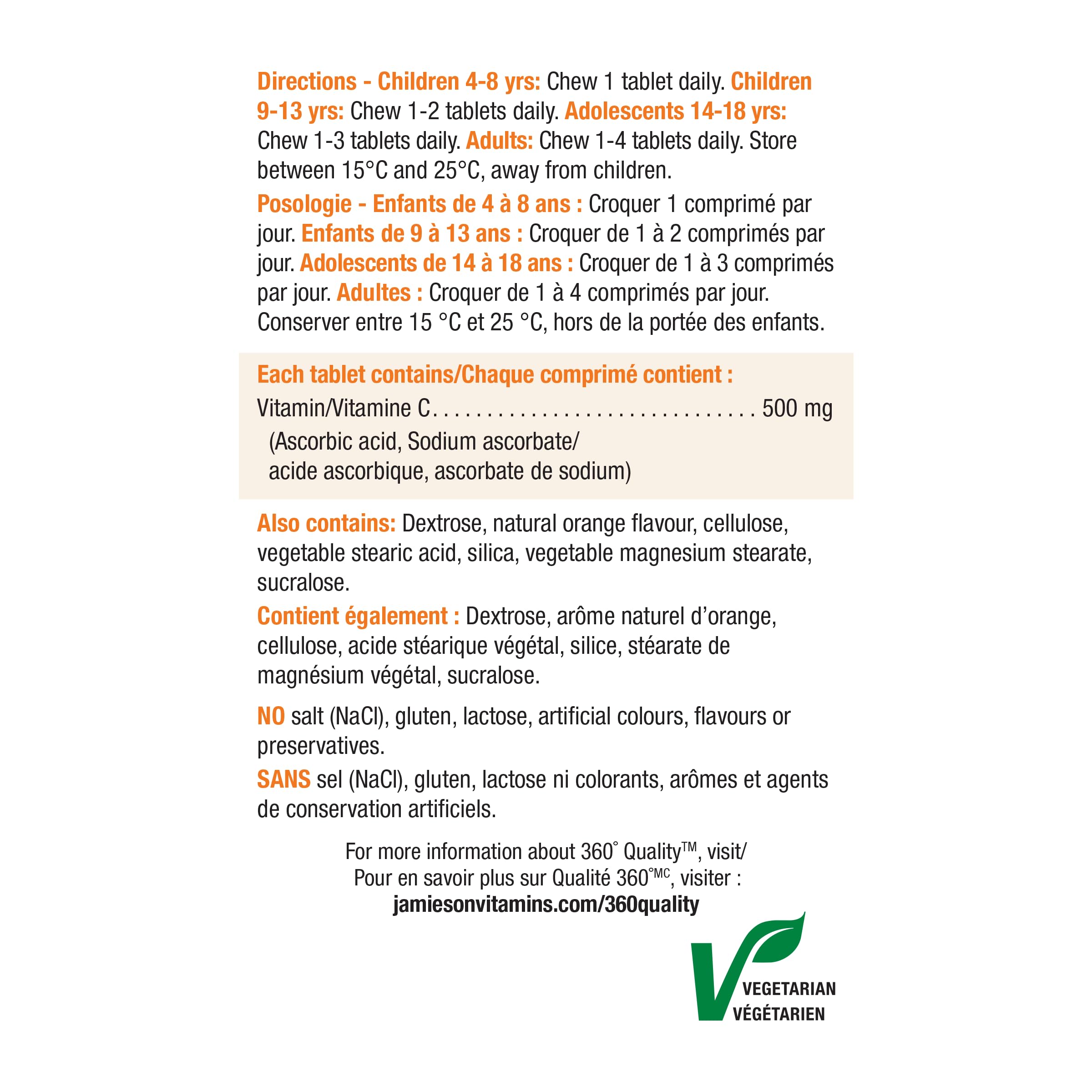 Sans colorants ni arômes artificiels Jamieson vitamine-C 500 mg gommes orange.