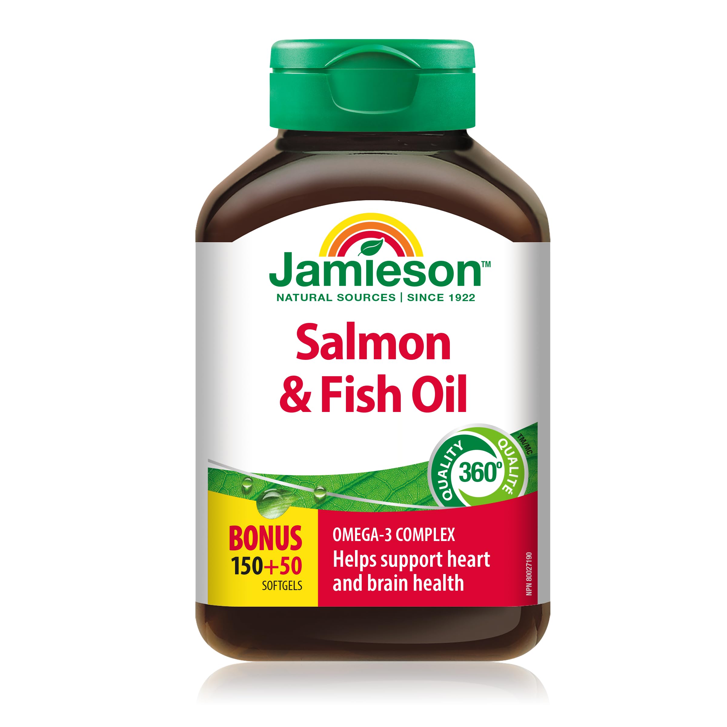 Bouteille Jamieson Omega-3 Saumon 1000 mg, pour une routine santé quotidienne.