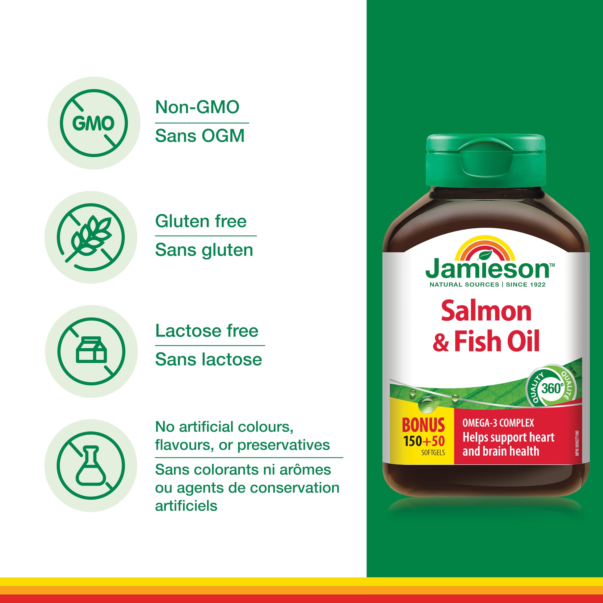 Bouteille Jamieson Omega-3 sur table prêt à l’emploi.