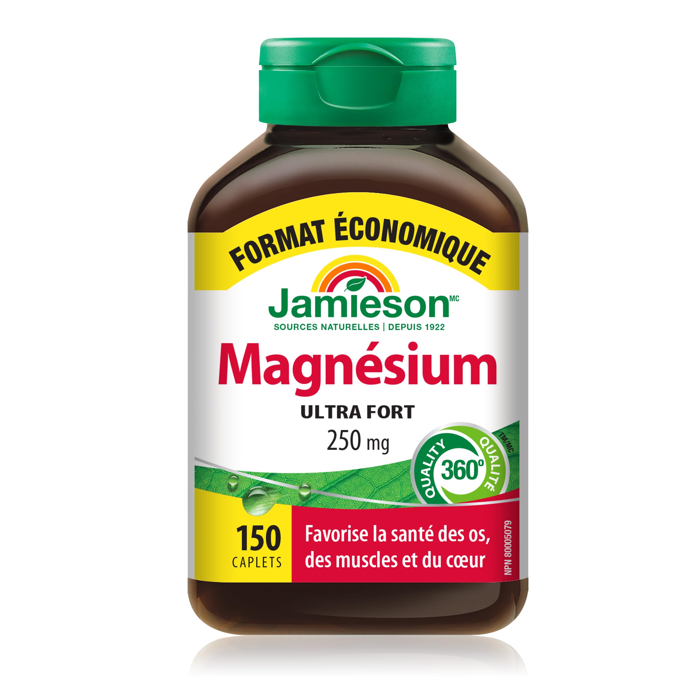 Étiquette Jamieson Magnésium 250 mg, informations claires pour usage quotidien.