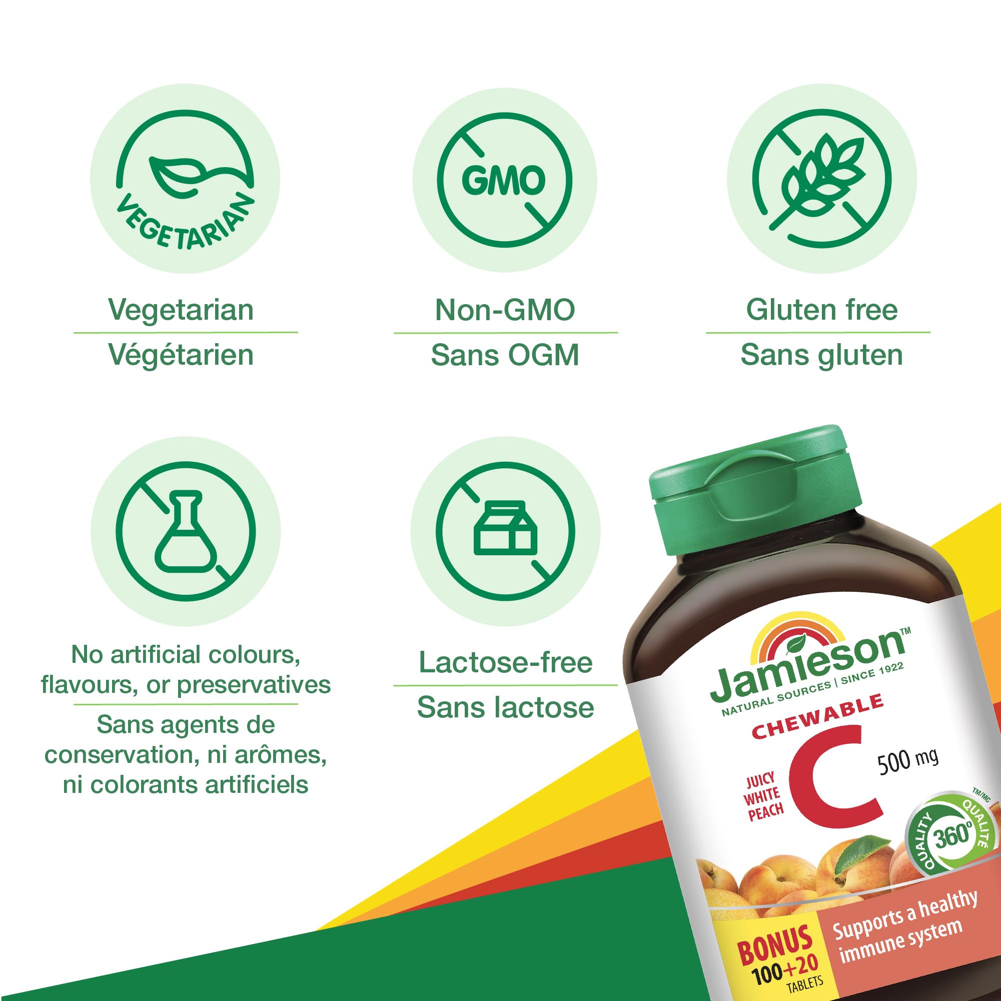 Posologie quotidienne Jamieson Vitamine C mordables pour une consommation aisée.