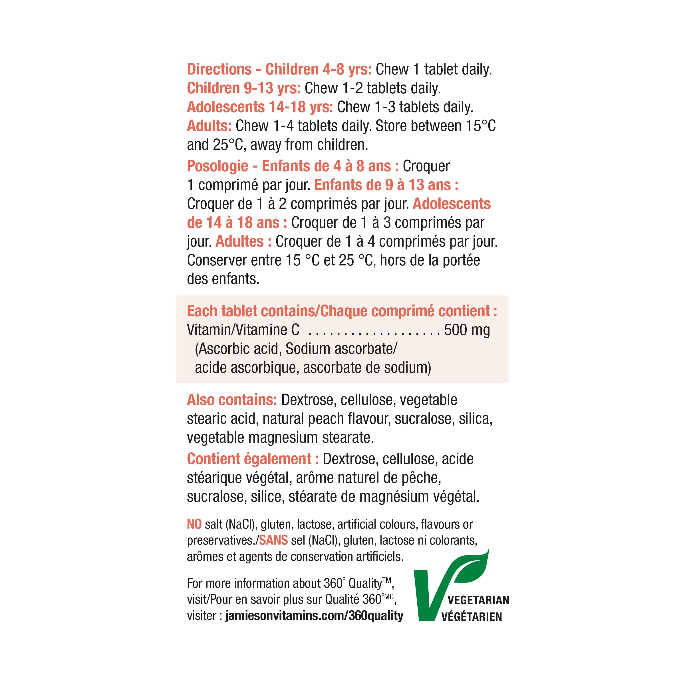 Fiche nutritionnelle Jamieson Vitamine C mordables avec détails utiles.