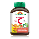 Tablettes mordables Jamieson Vitamine C 500 mg, vues de près dans flacon ouvert pour rappel-prise.