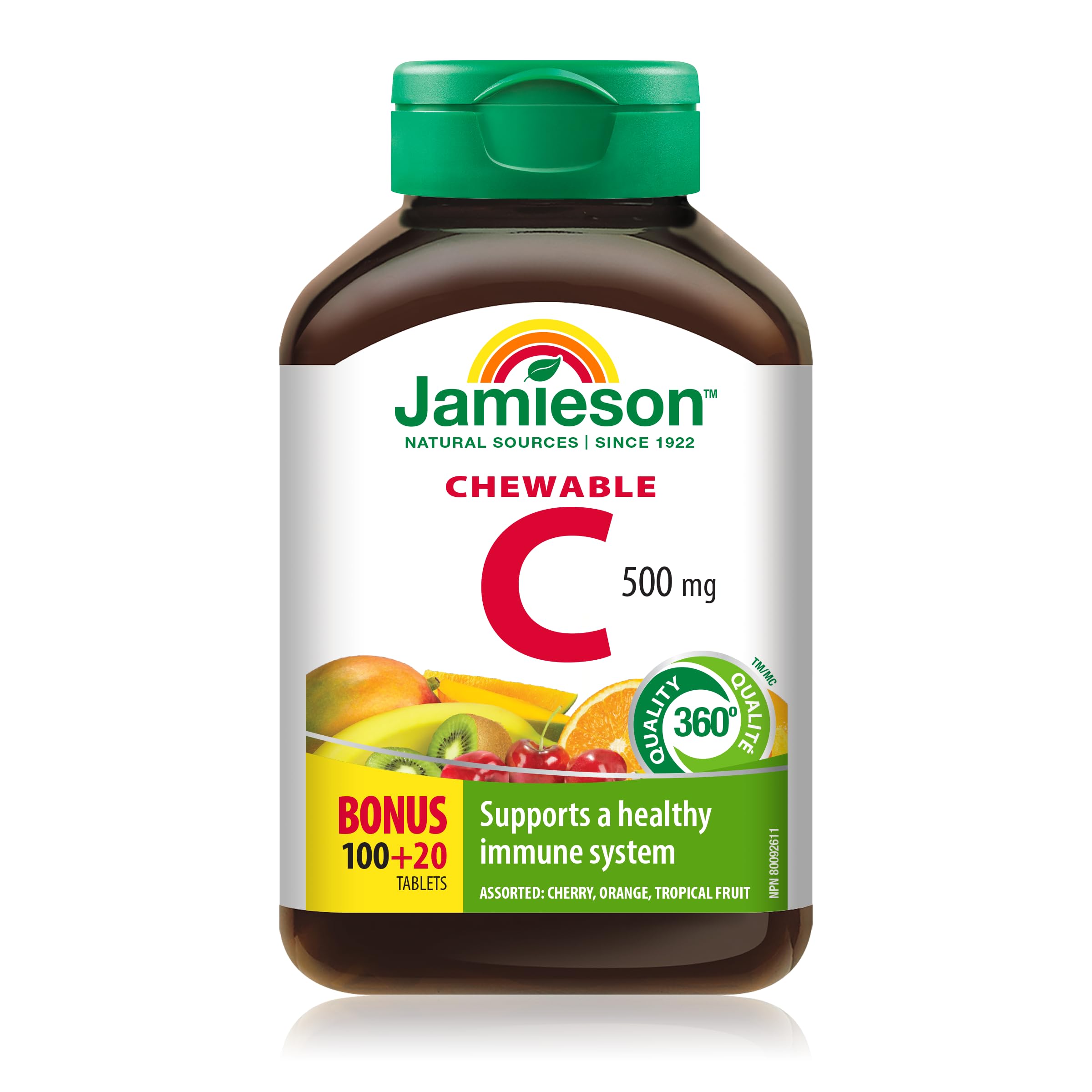 Jamieson Vitamine C Masticables 500 mg, bouteille pratique pour l'usage quotidien.