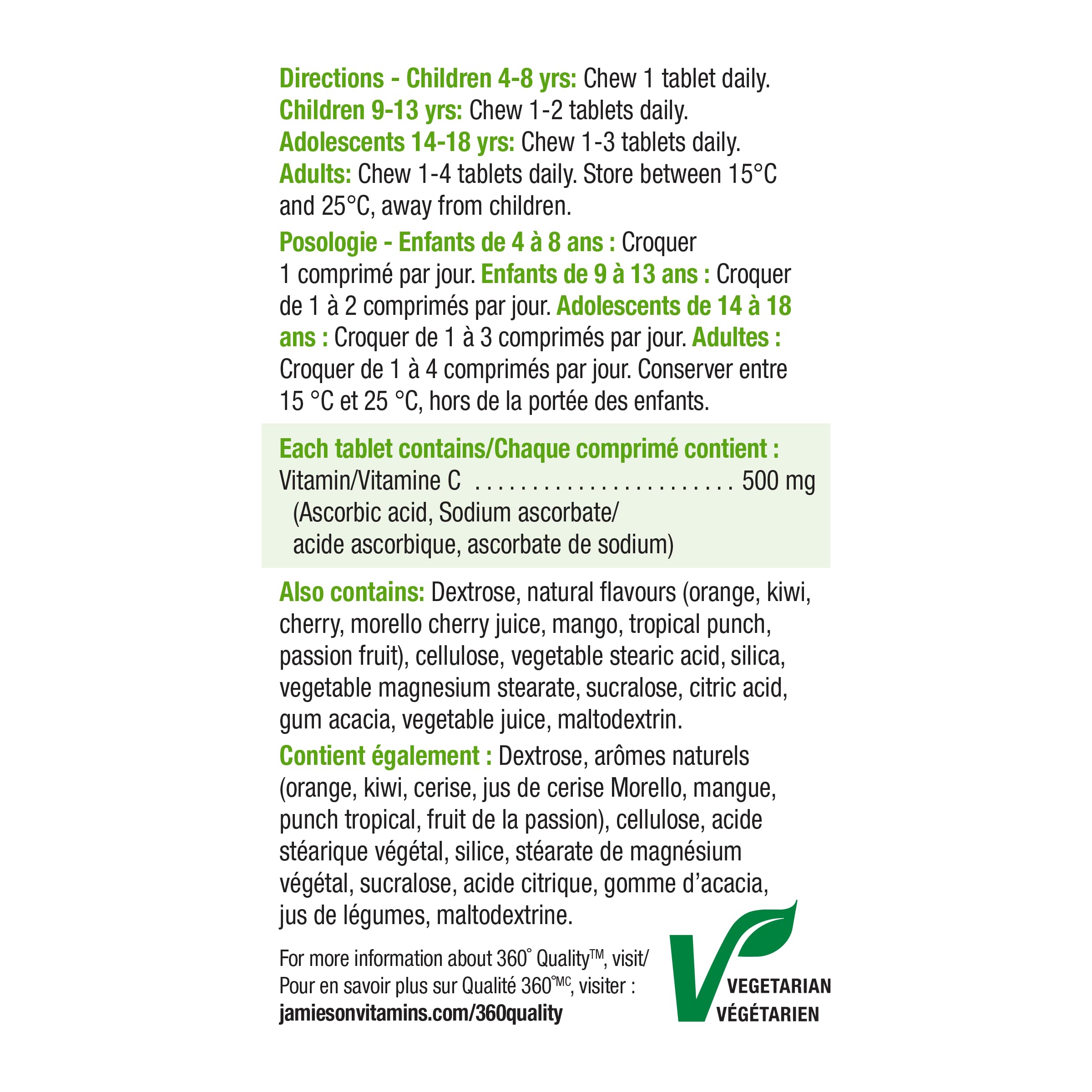 Jamieson Vitamine C Masticables, emballage clair sans colorants artificiels.