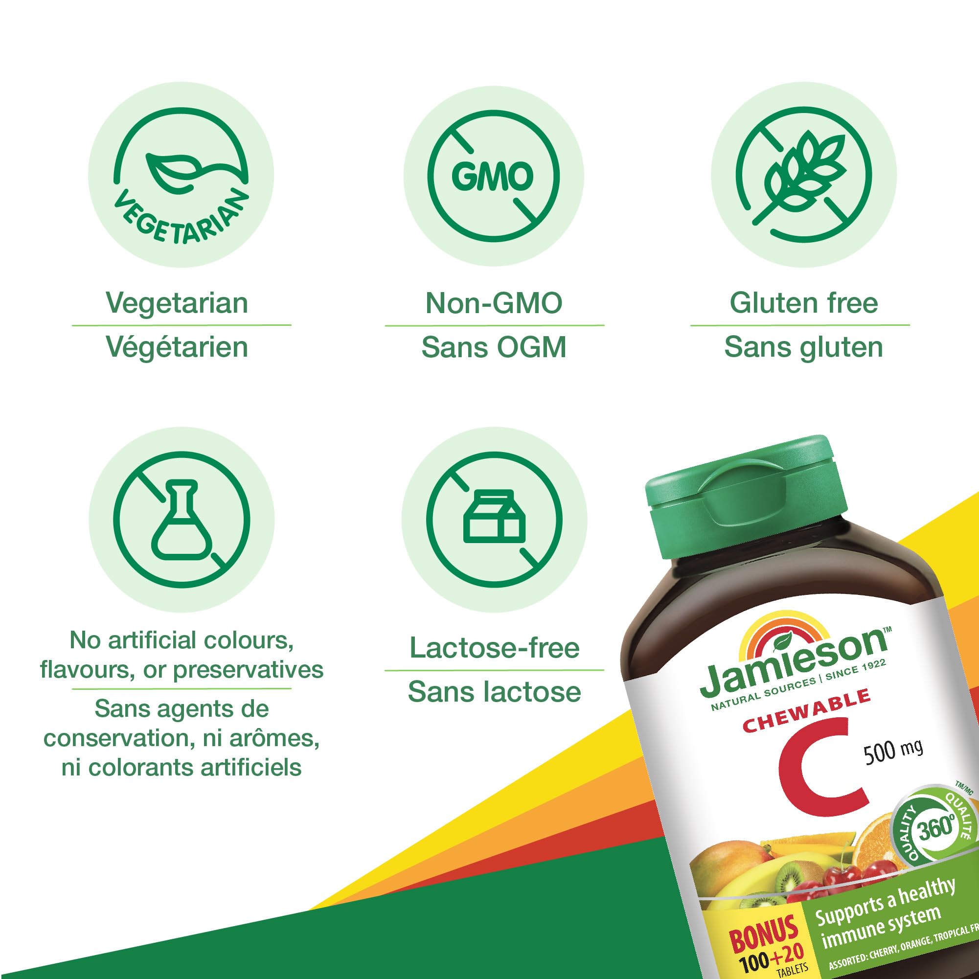 Jamieson Vitamine C Masticables, étiquette sans colorants artificiels.
