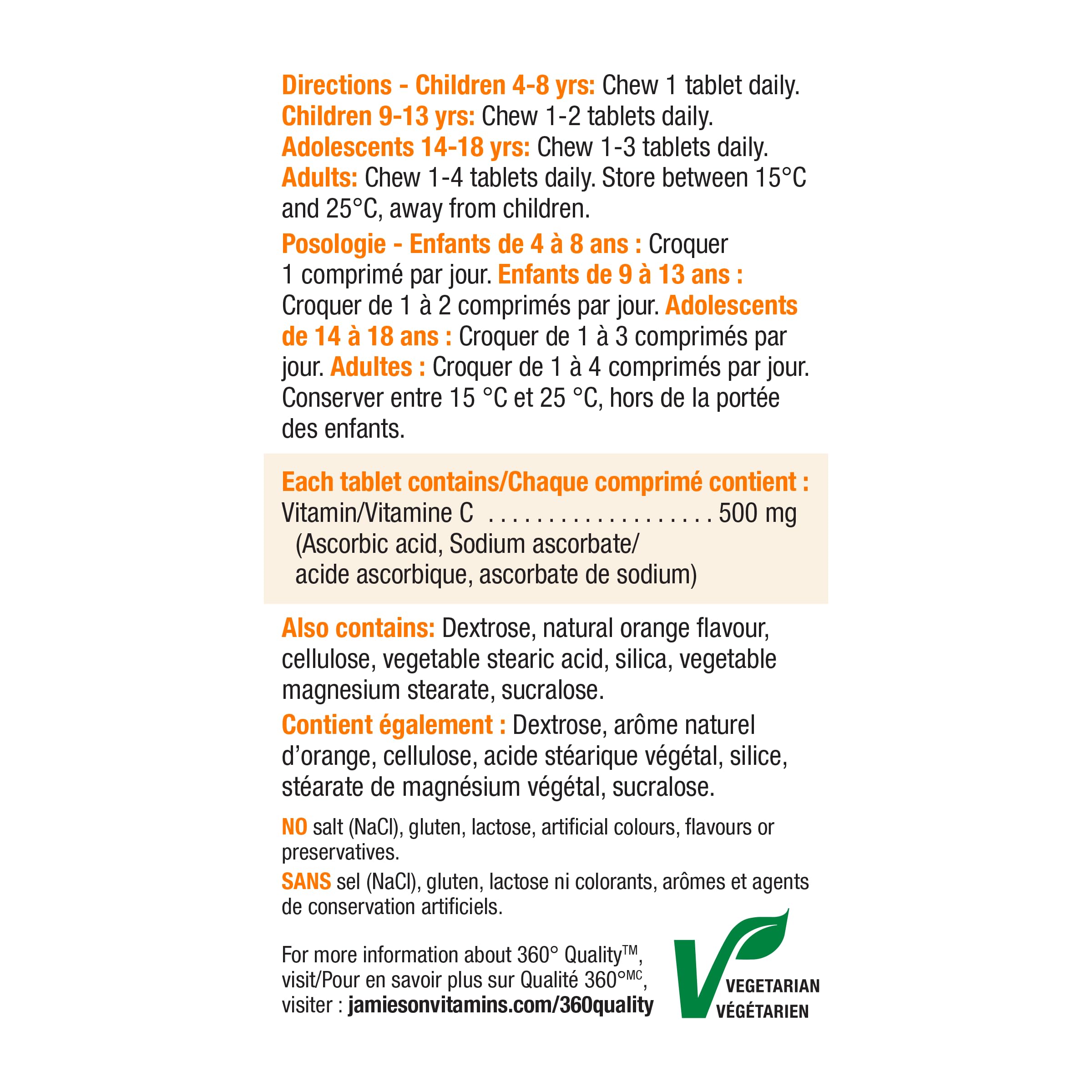 Emballage pratique Jamieson Vitamine C Orange 500 mg.