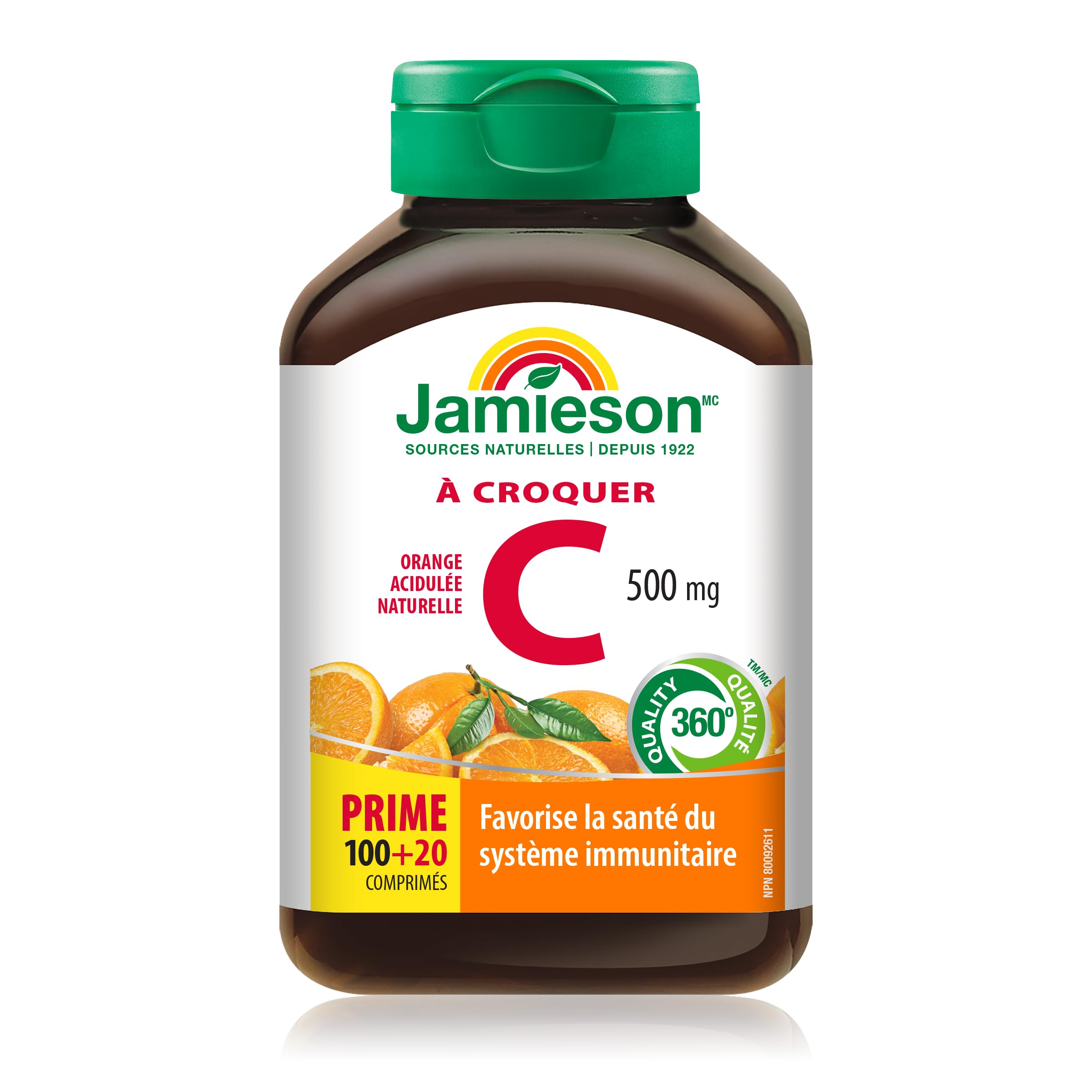 Flacon Jamieson Vitamine C Orange 500 mg, tablettes faciles à prendre.