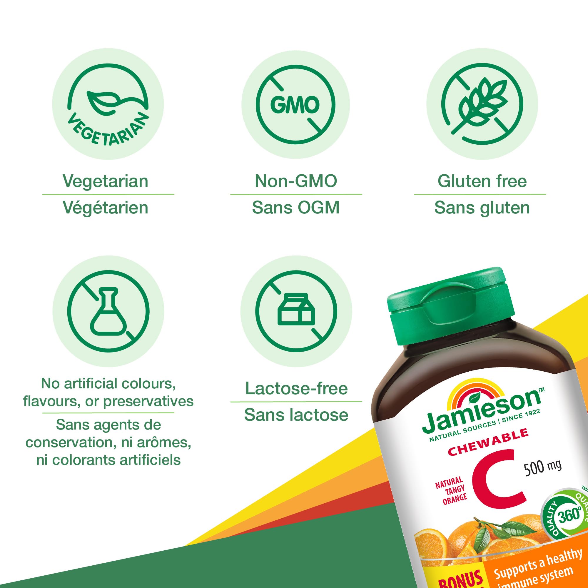 Goût orange agréable des comprimés Jamieson Vitamine C Orange 500 mg.