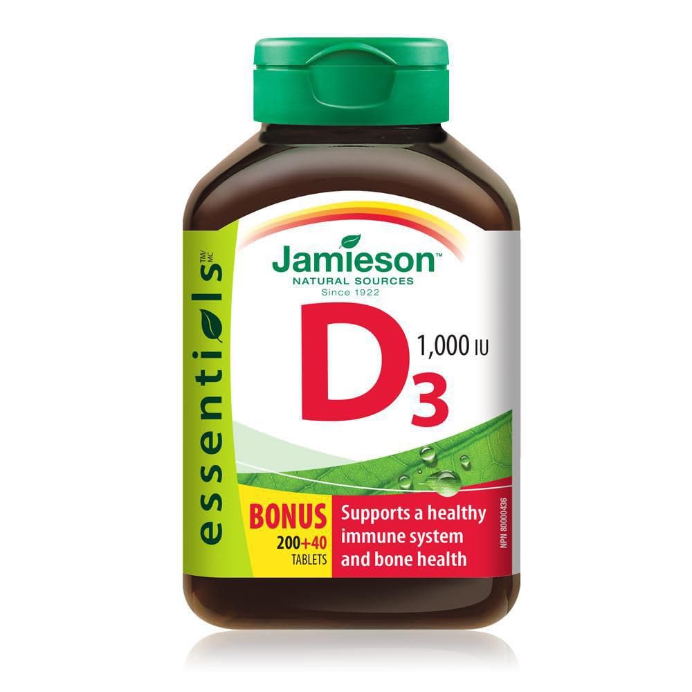 Jamieson Vitamin D3 bouteille 1000 UI, soutien immunitaire et routine matinale.