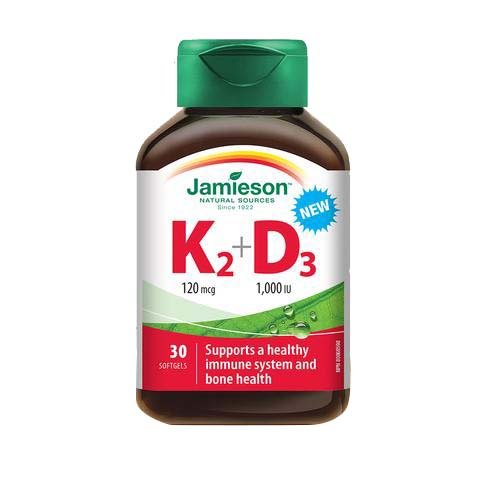 Jamieson K2 + D3, bouteille de gélules molles, soutien osseux potentiel et énergie quotidienne.