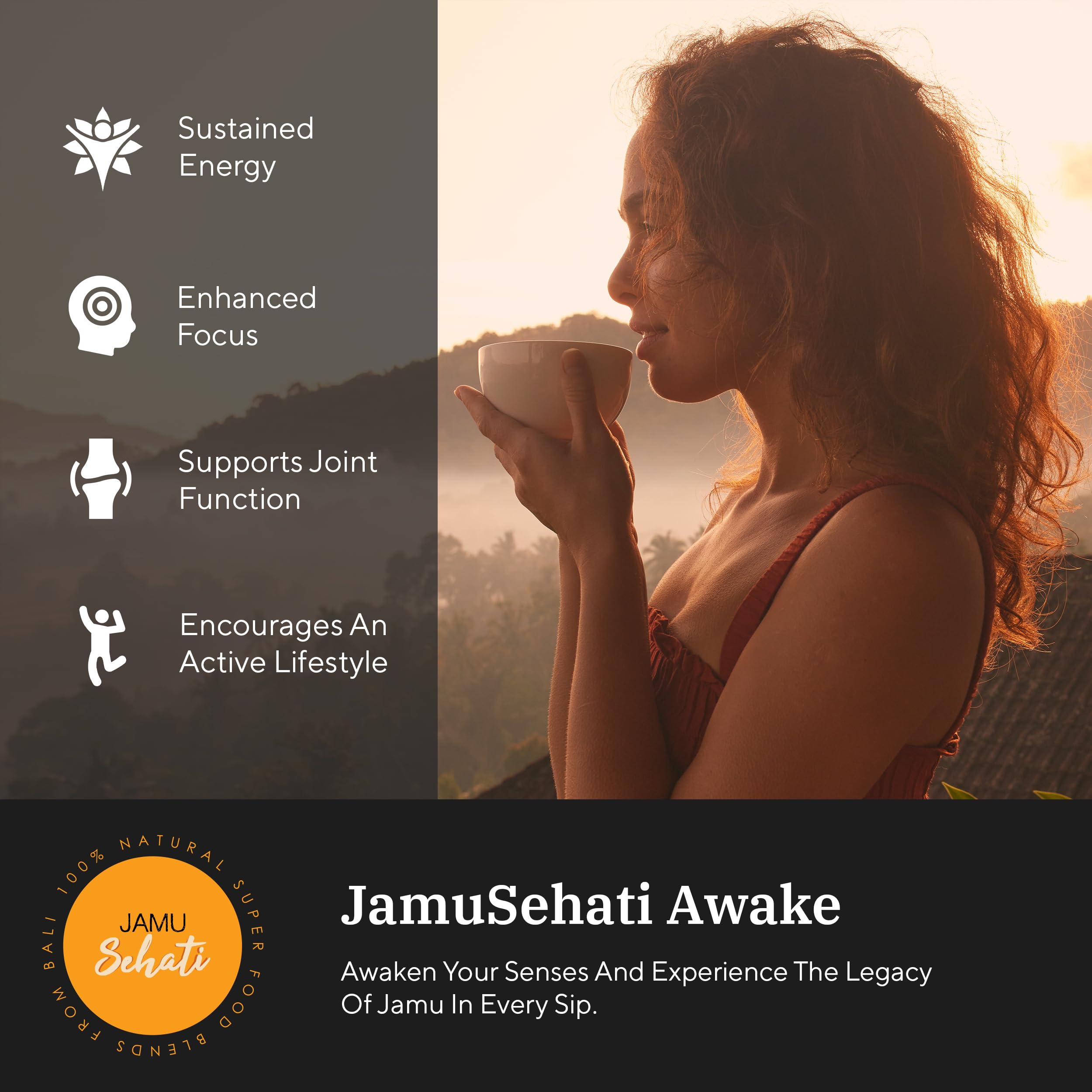JAMUSEHATI Awake, latte curcuma gingembre, goût riche et énergisant doux.