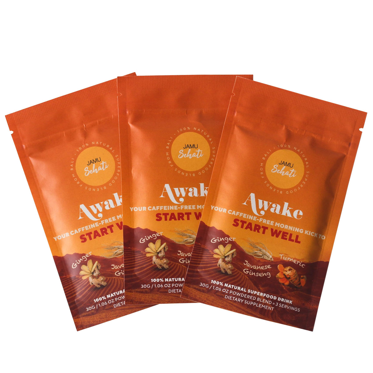 JAMUSEHATI Awake, sachet ouverte, boisson sans caféine prête à préparer.
