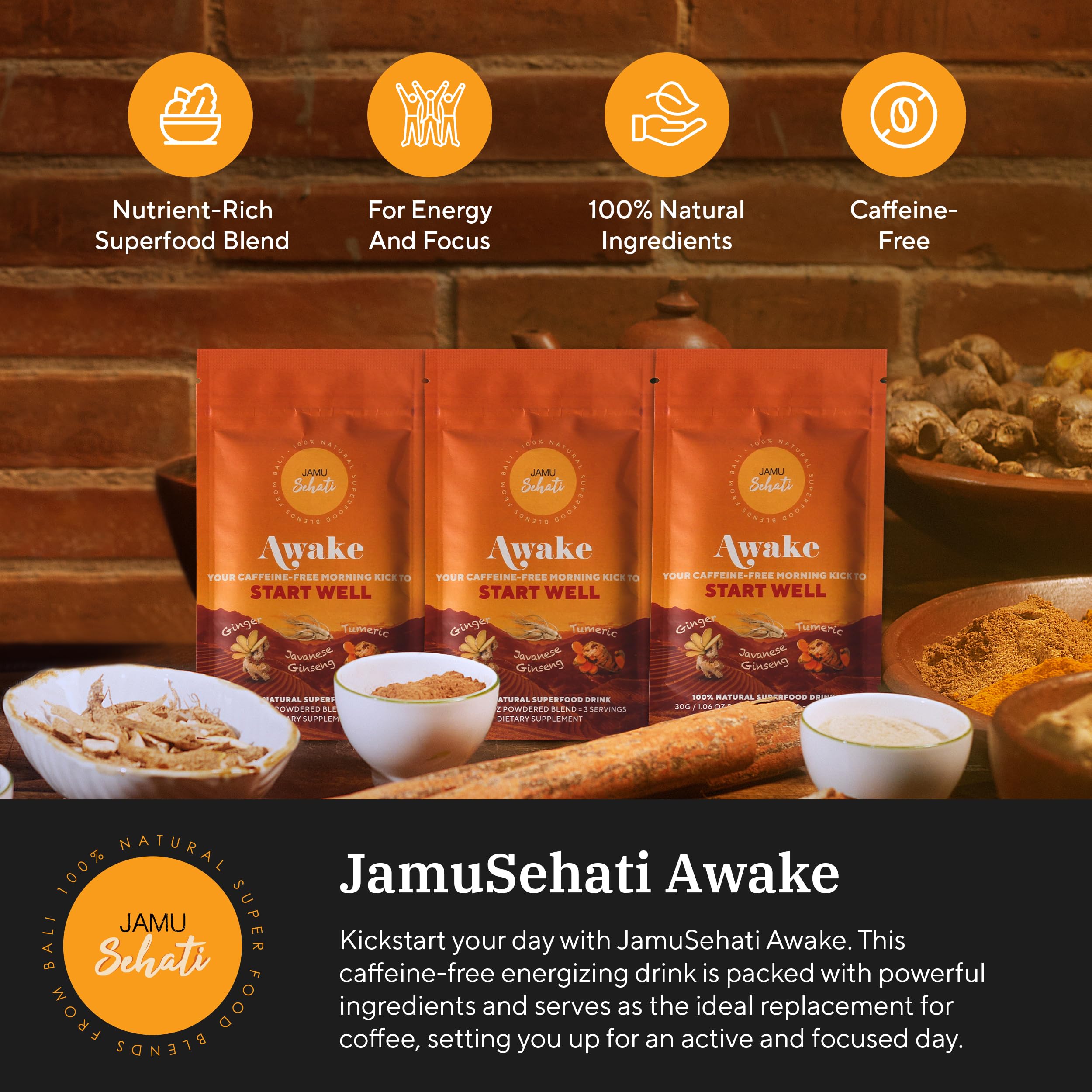 JAMUSEHATI Awake, sachet préparation curcuma, idéale pour latte doré.