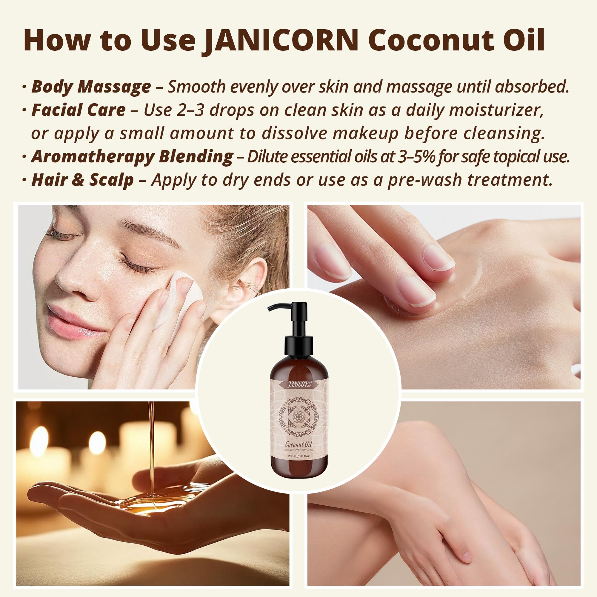 JANICORN huile de coco pompe pour une application propre et précise.