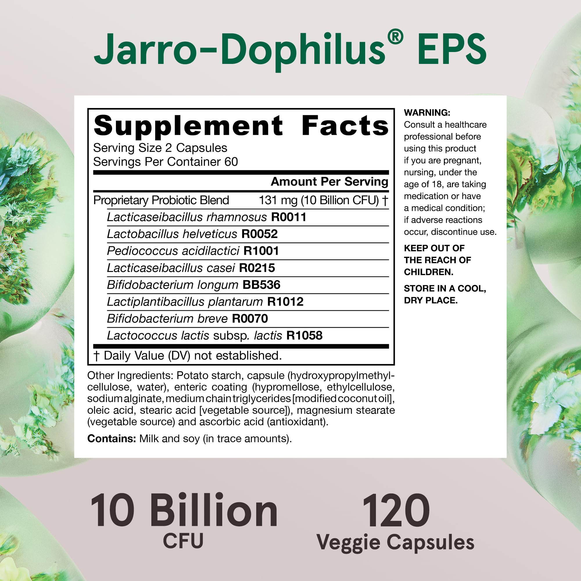Jarrow Formulas Jarro-Dophilus EPS 10 milliards CFU et huit souches bénéfiques.
