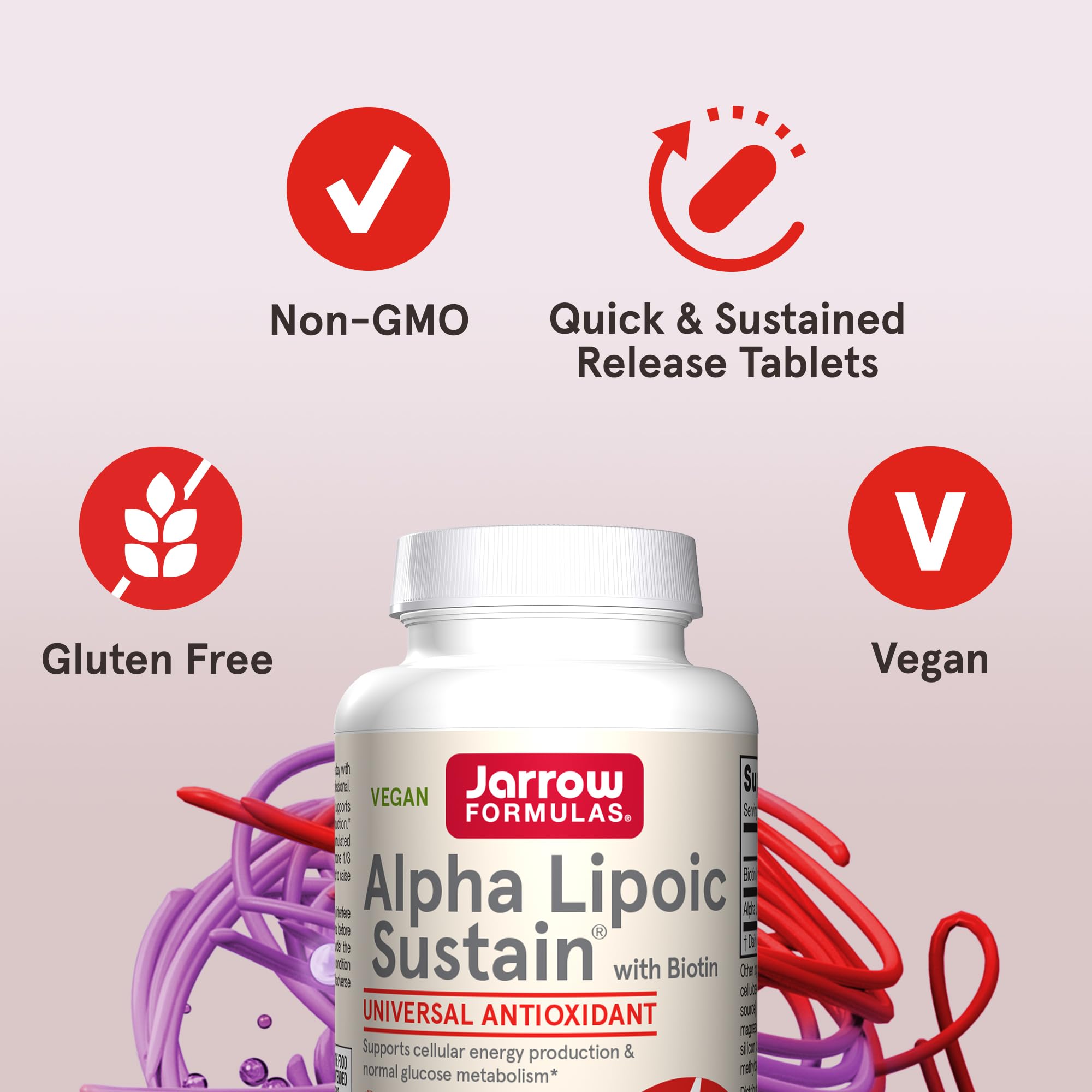 Formule végan de Jarrow Alpha Lipoic Sustain sans allergènes courants