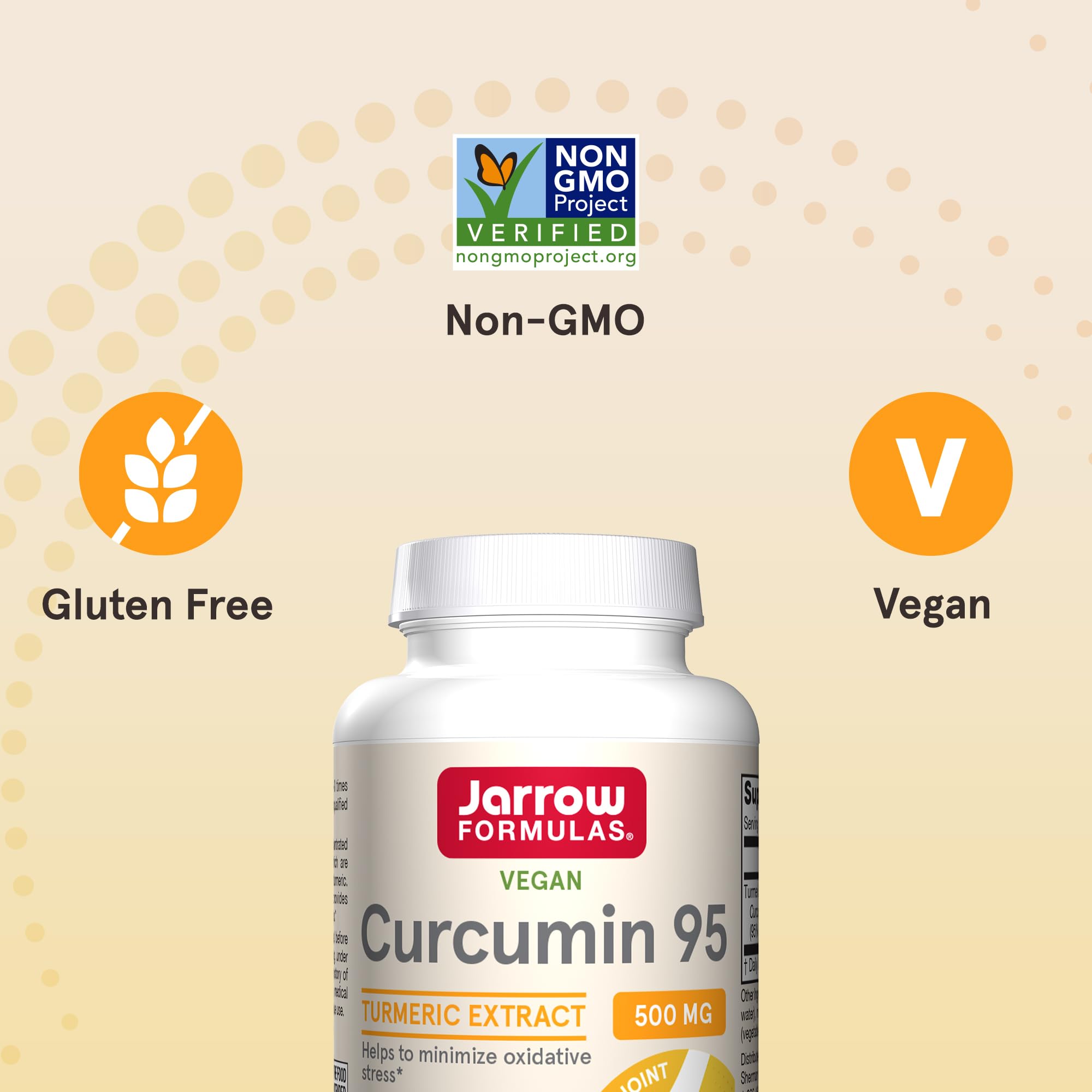 Jarrow Curcumin 95 — emballage sans gluten, adapté aux régimes spéciaux.
