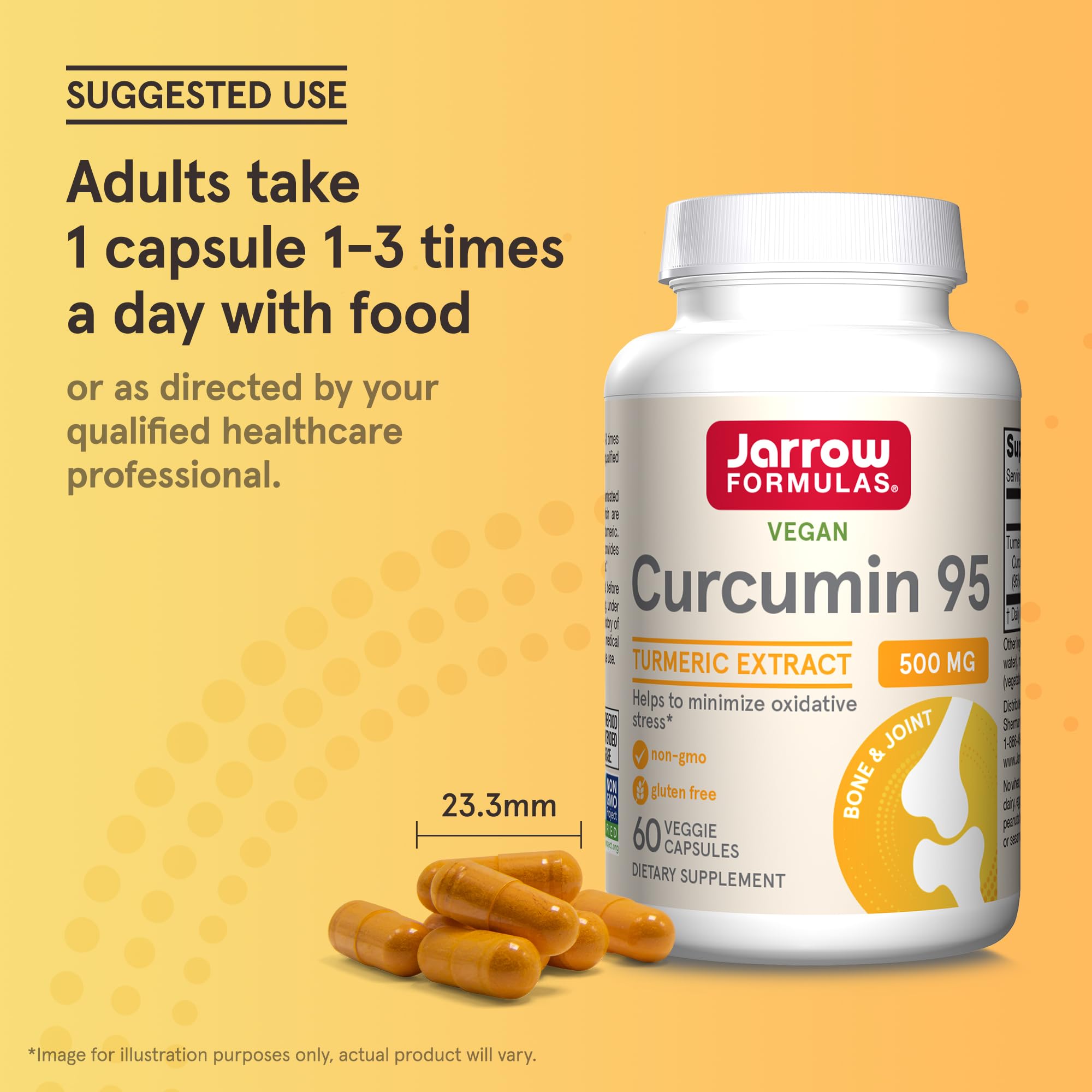 Jarrow Curcumin 95 — illustration des curcuminoïdes, cœur du produit.