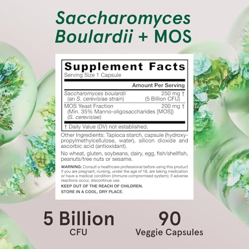 Vue rapprochée des capsules et étiquette montrant MOS et probiotiques.