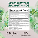 Vue rapprochée des capsules et étiquette montrant MOS et probiotiques.
