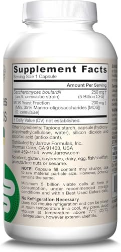 Informations sur l’emballage Jarrow Formulas Saccharomyces boulardii MOS avec instructions simples.