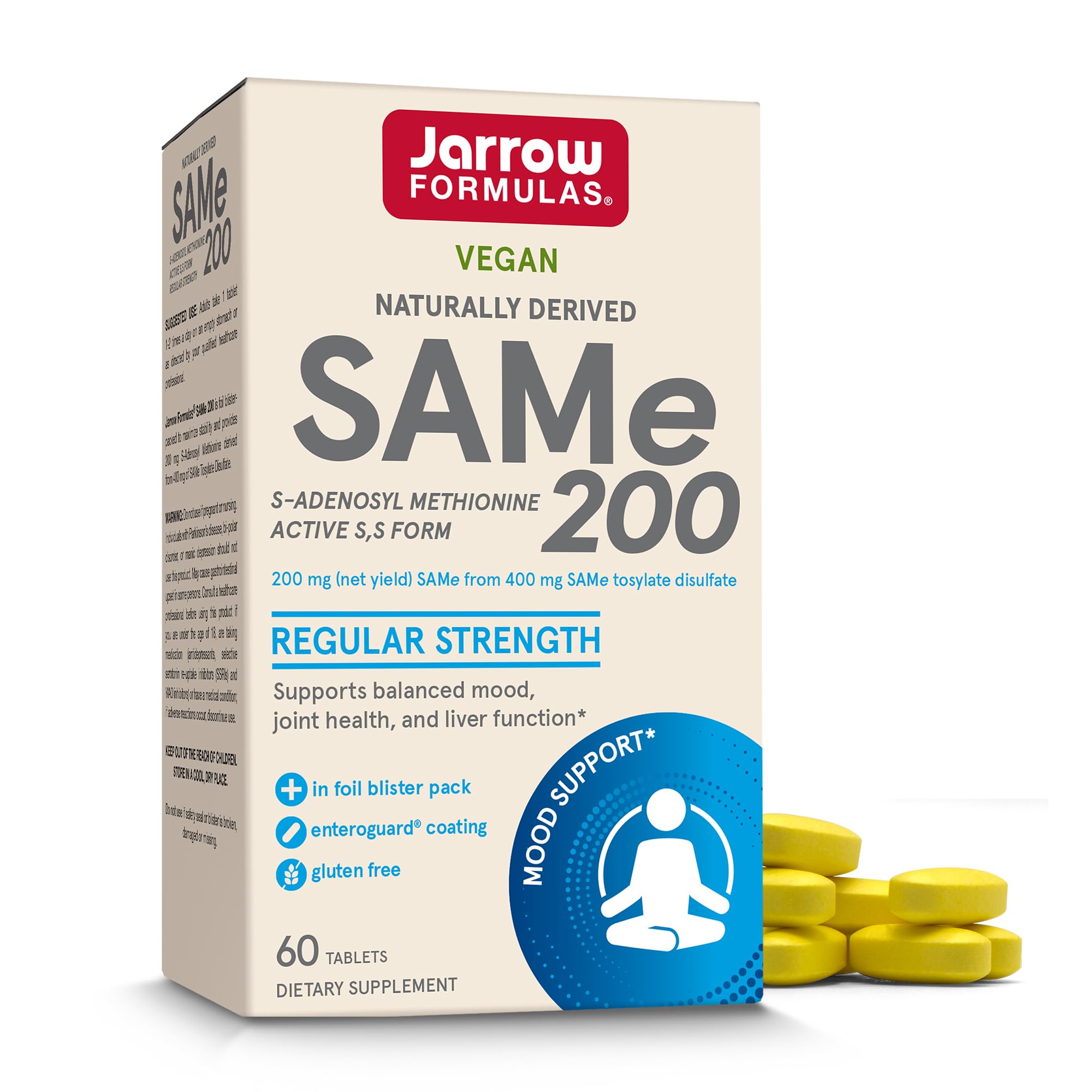 SAMe 200 mg de Jarrow Formulas – bouteille versant, soutien potentiel du métabolisme cérébral.