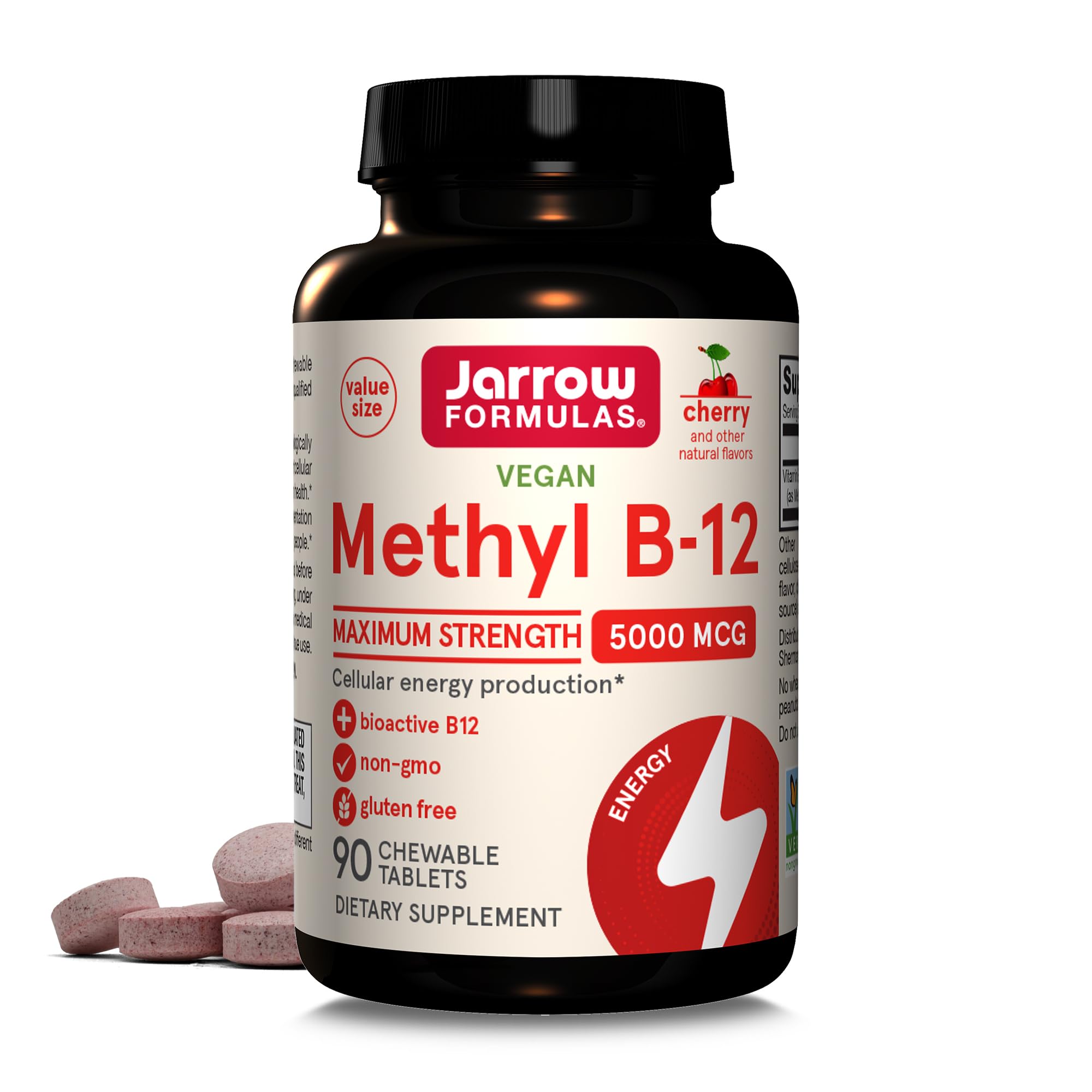 Jarrow Formulas Vitamine B12 5000 mcg, bouteille cerise – énergie cellulaire potentielle.