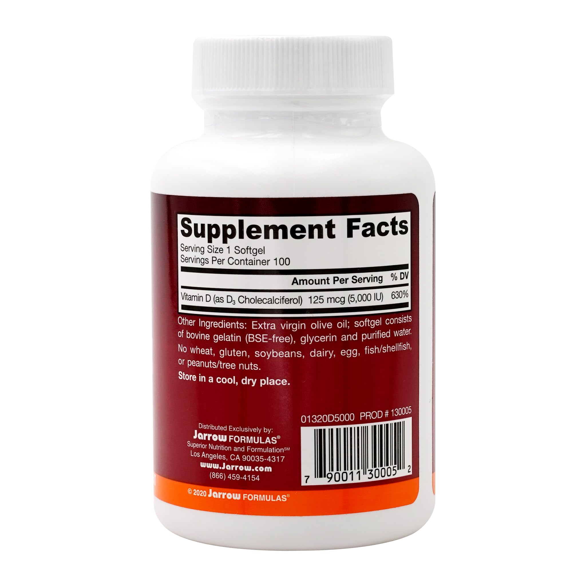 Jarrow Formulas Vitamine D3 5000 UI, capsules softgels faciles à prendre avec les repas.