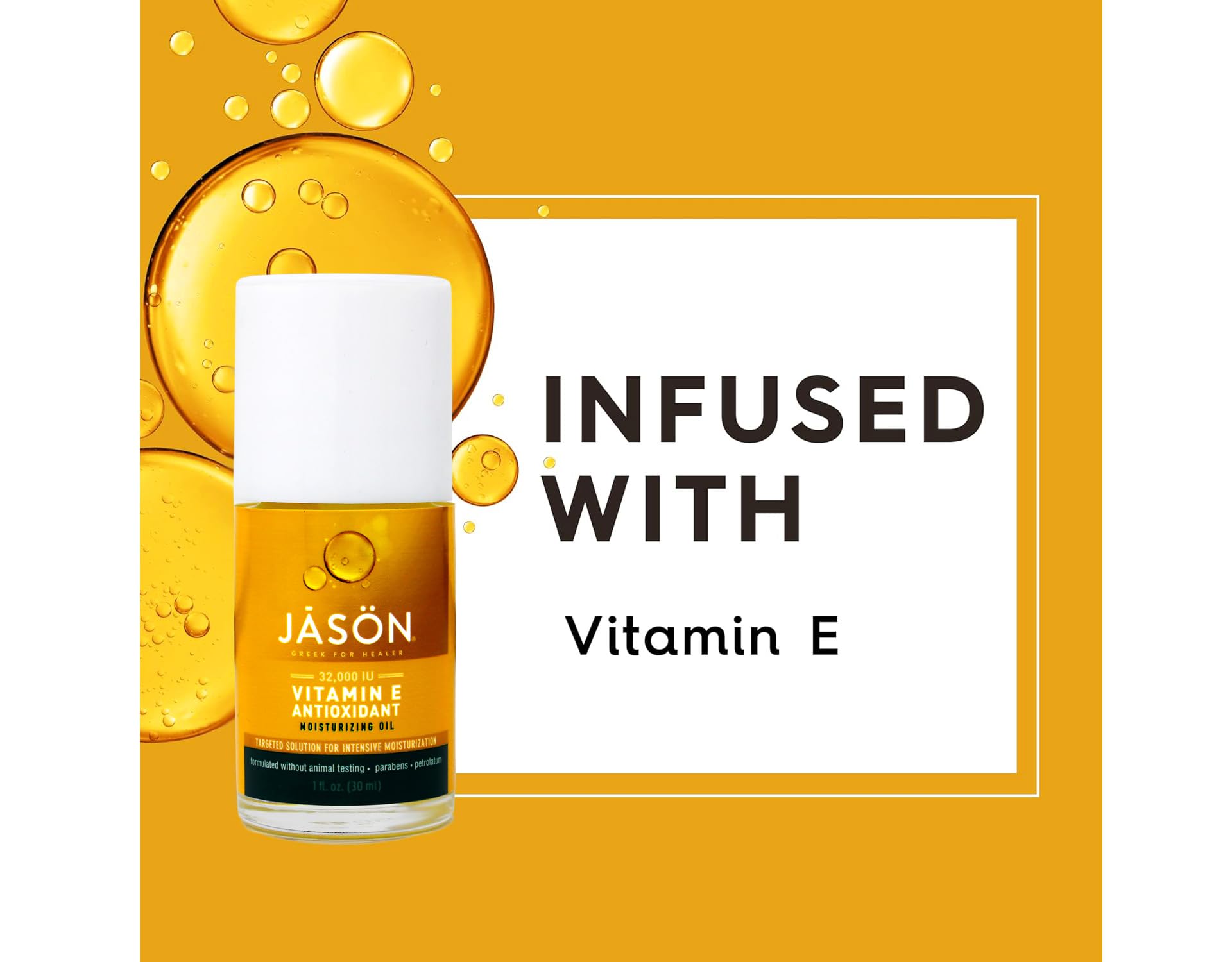 Jason Vitamine E 32000 UI gouttes sur peau, texture légère et absorbante.