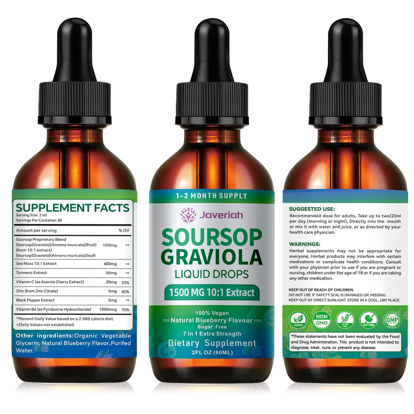 Javeriah Soursop Drops - fiche nutriments soulignant les ingrédients clés.