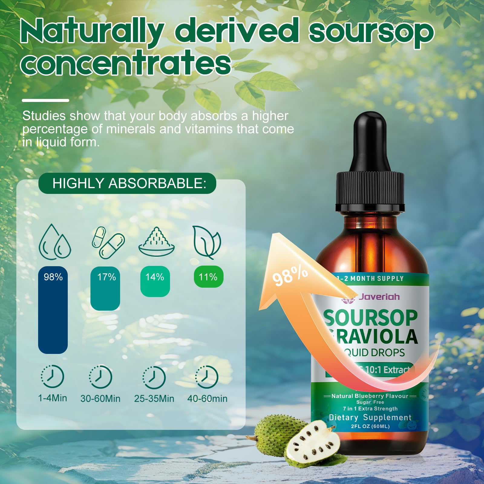 Javeriah Soursop Drops - mélange soursop algue-de-mer et curcuma pour un profil nutritionnel.