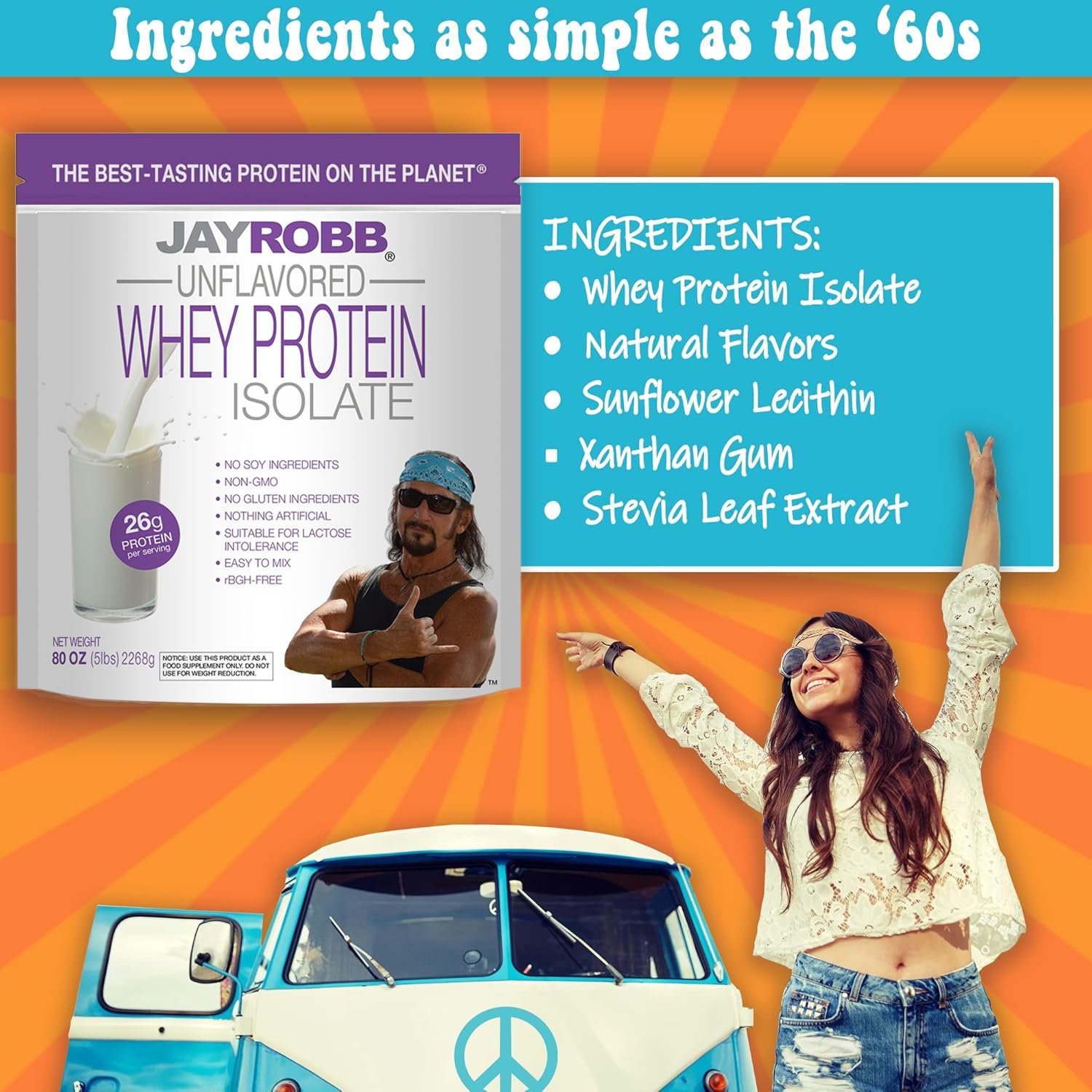 Jay Robb isolat de lactosérum sans lactose, convient aux intolérances.