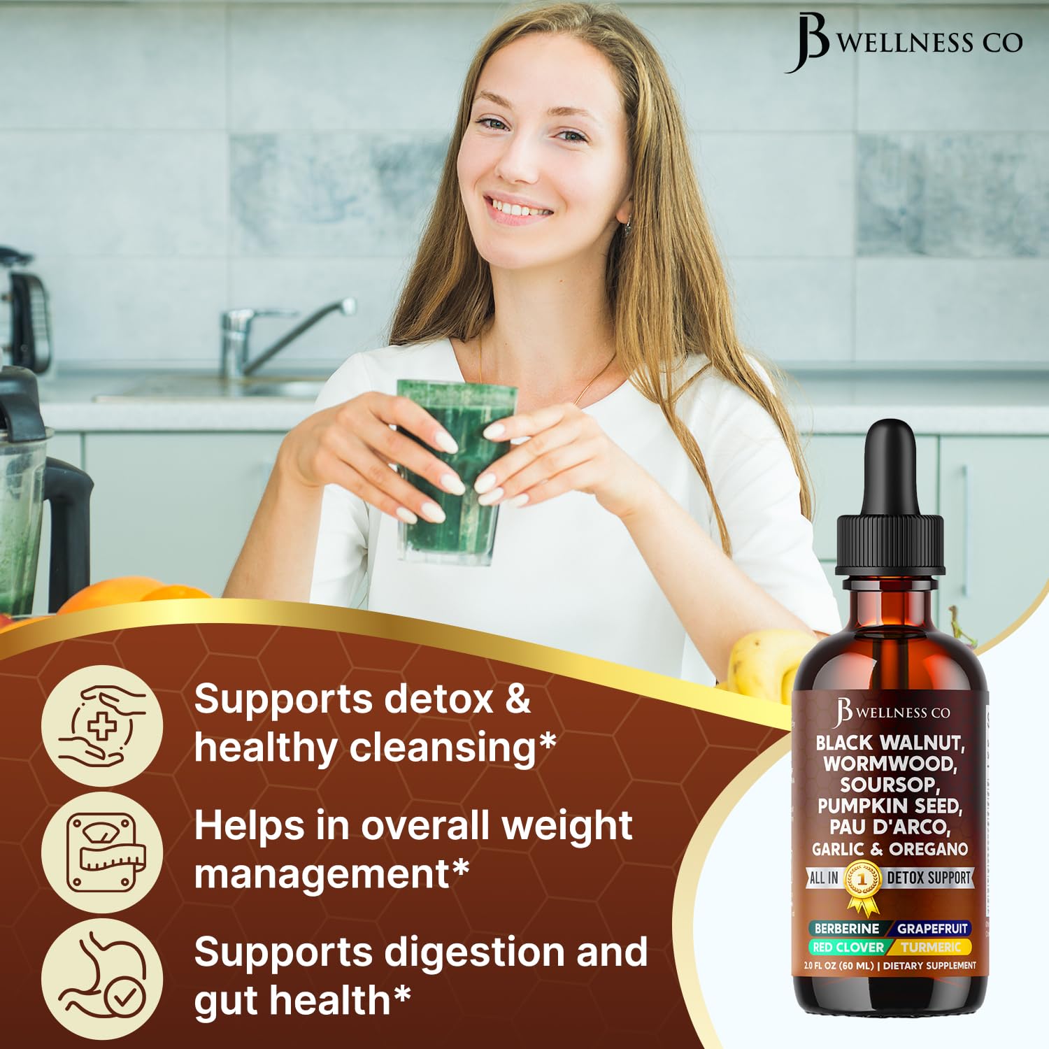 JB Wellness Co ingrédients naturels: armoise, noix noire et herbes pour détox douce.